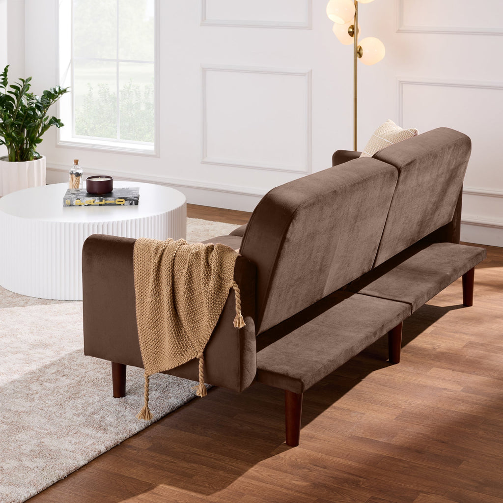 Curved Convertible Futon, Velvet Fabric Split-Back Sleeper Bed