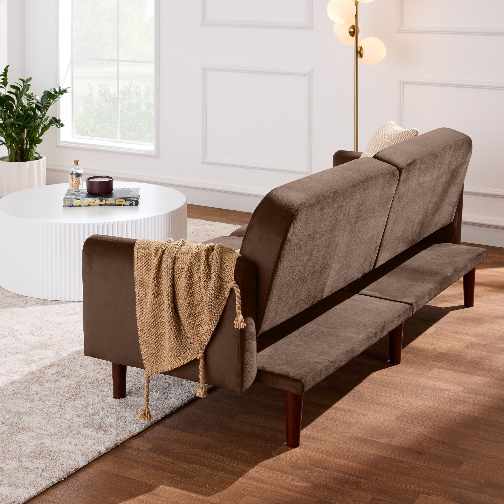 Curved Convertible Futon, Velvet Fabric Split-Back Sleeper Bed