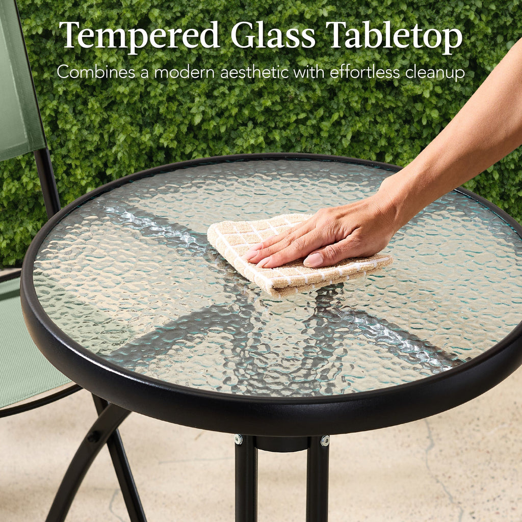 3-Piece Bistro Set w/ Glass Table, 2 Foldable Chairs