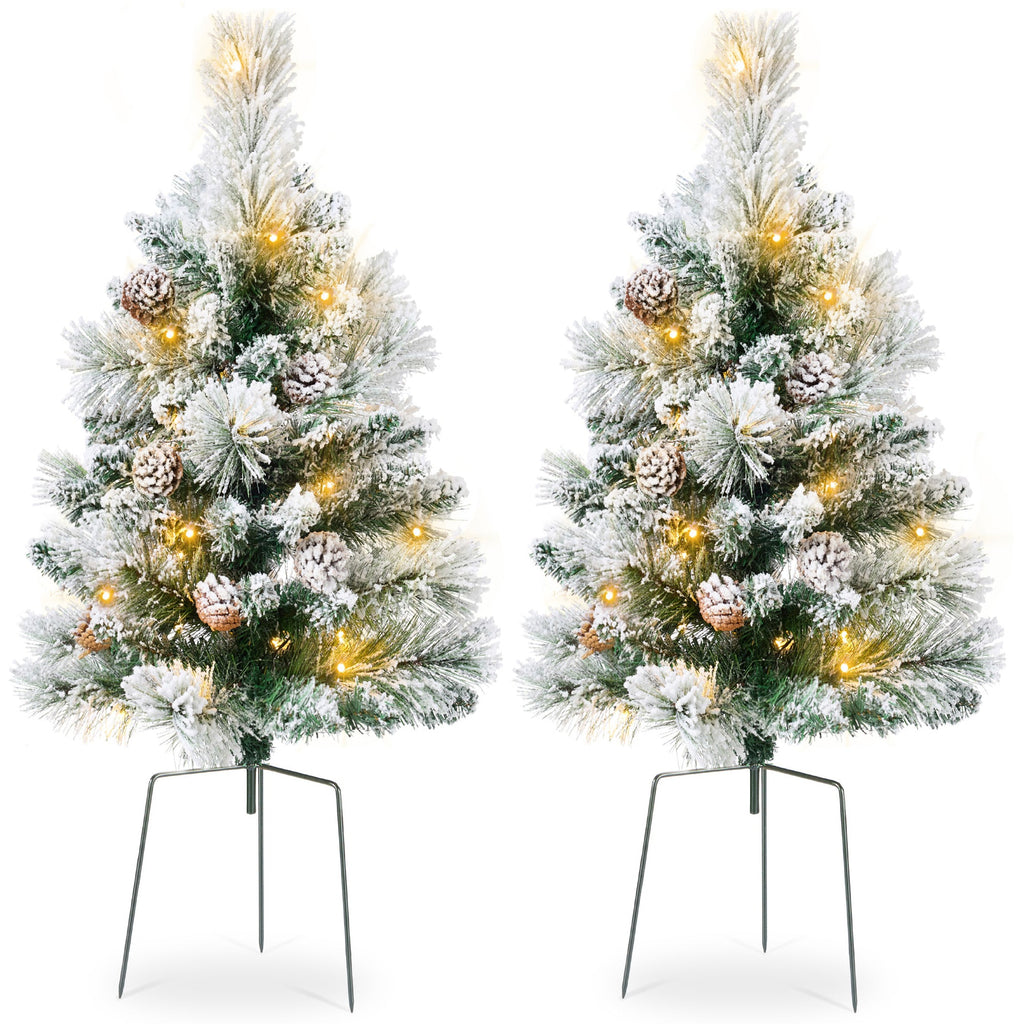 Set of 2 Pre-Lit Pathway Christmas Trees w/ Pine Cones, Timer - 24.5in