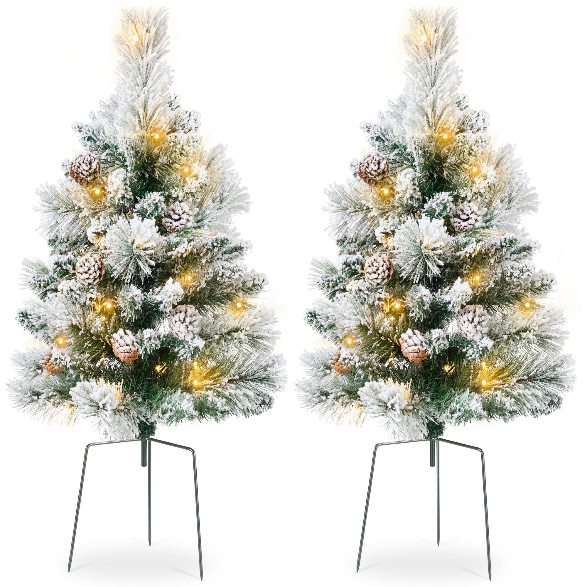 Set of 2 Pre-Lit Pathway Christmas Trees w/ Pine Cones, Timer - 24.5in