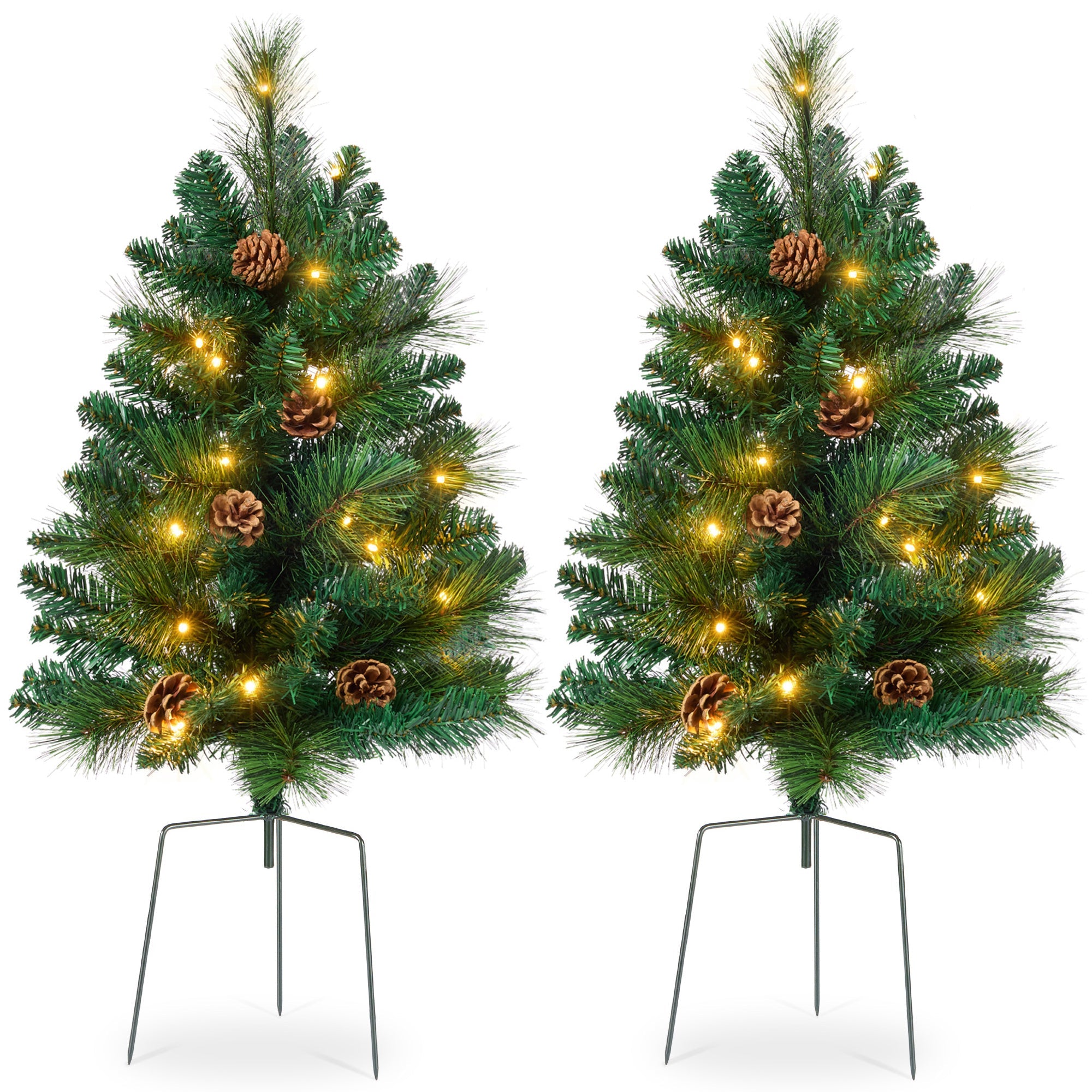 Set of 2 Pre-Lit Pathway Christmas Trees w/ Pine Cones, Timer - 24.5in