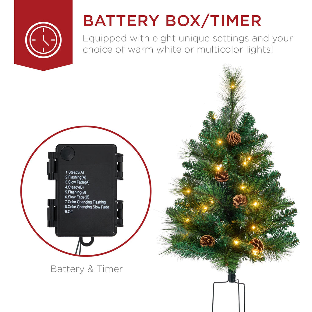 Set of 2 Pre-Lit Pathway Christmas Trees w/ Pine Cones, Timer - 24.5in