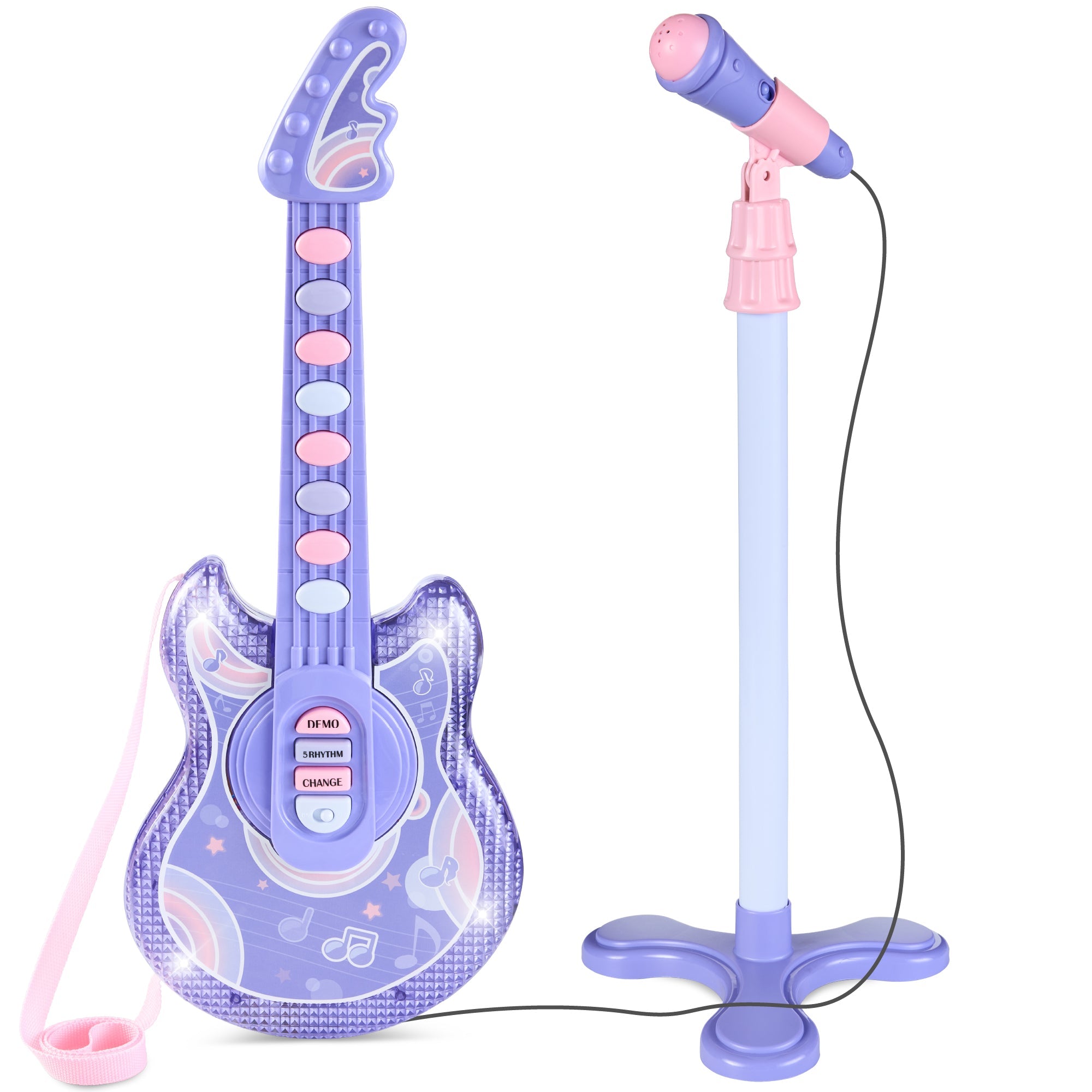 Kids Pretend Play Guitar Musical Instrument Toy w/ Microphone, Stand - 19in