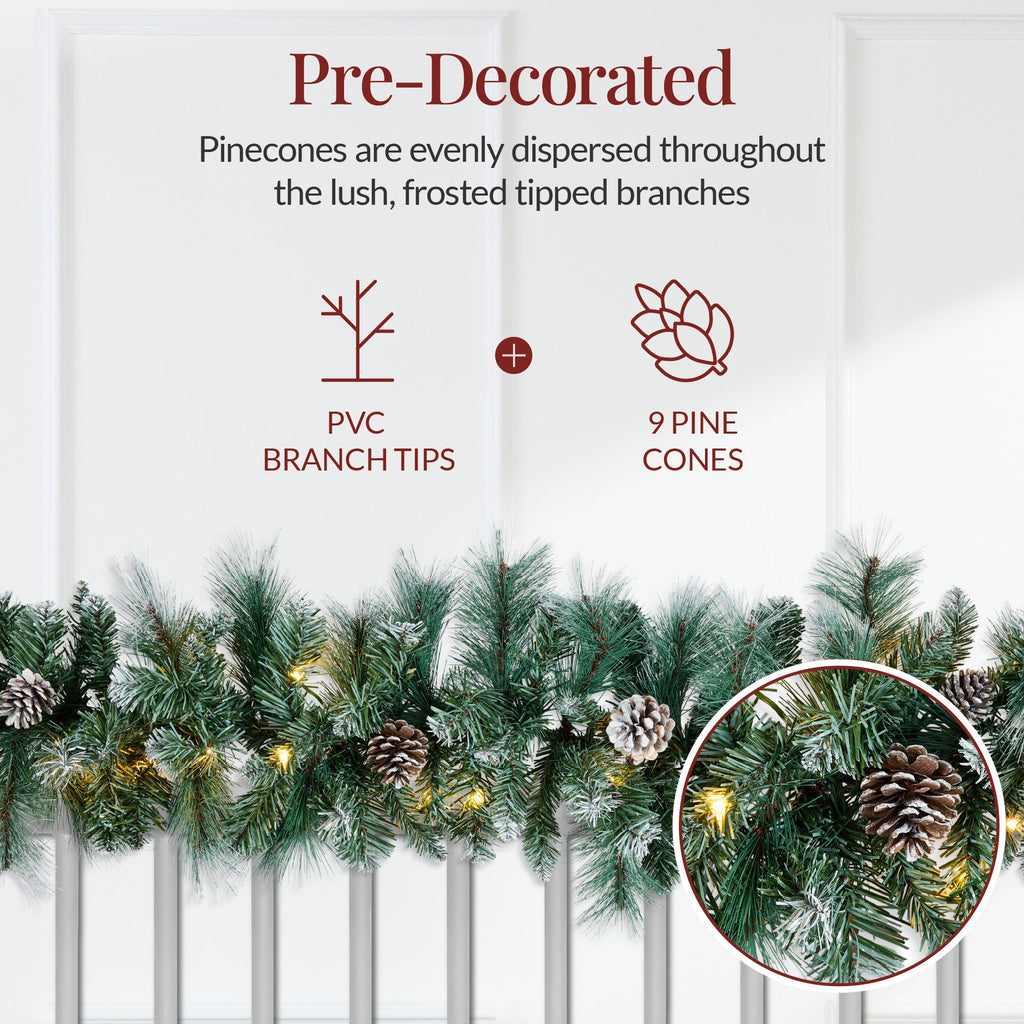 9ft Pre-Lit Christmas Garland w/ 50 Lights, Pine Cones, Berries