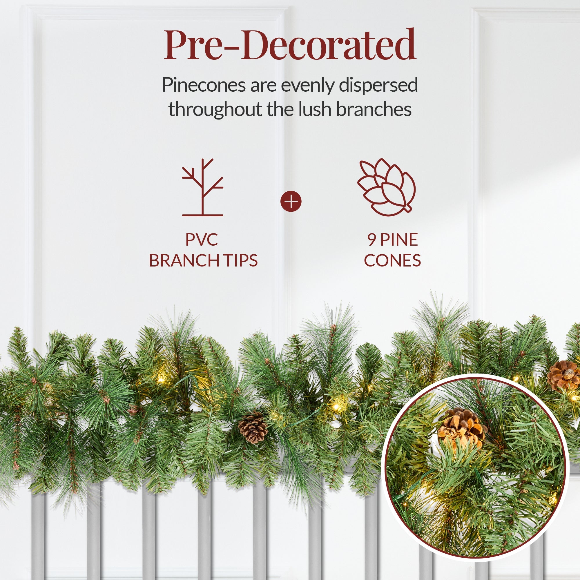 9ft Pre-Lit Christmas Garland w/ 50 Lights, Pine Cones, Berries