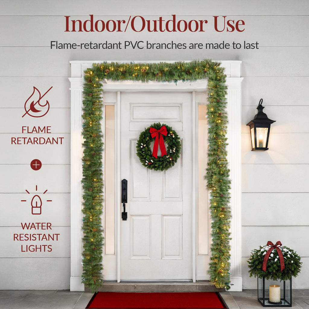 9ft Pre-Lit Christmas Garland w/ 50 Lights, Pine Cones, Berries