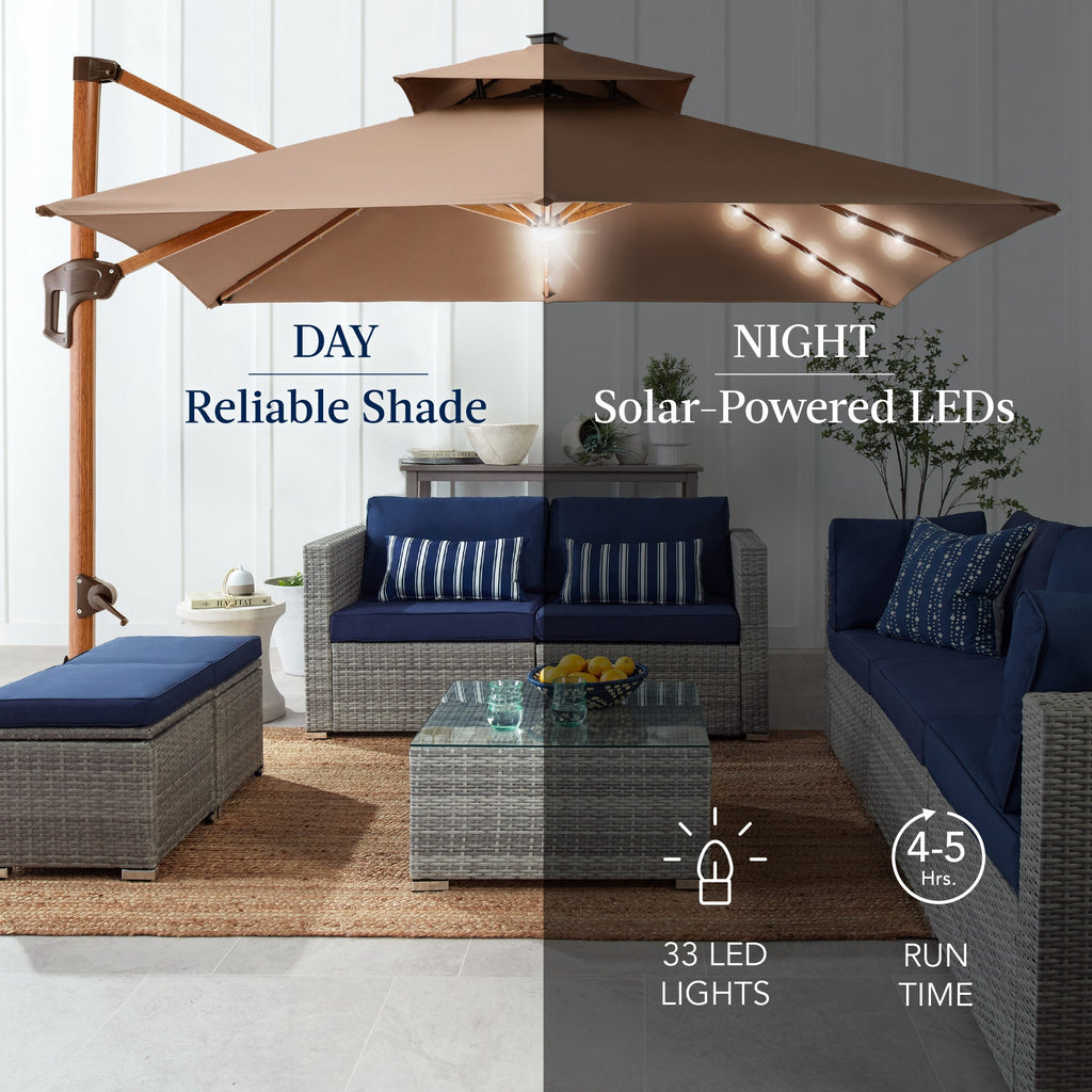 Woodgrain Pattern 2-Tier Outdoor Solar LED Cantilever Umbrella - 10x10ft
