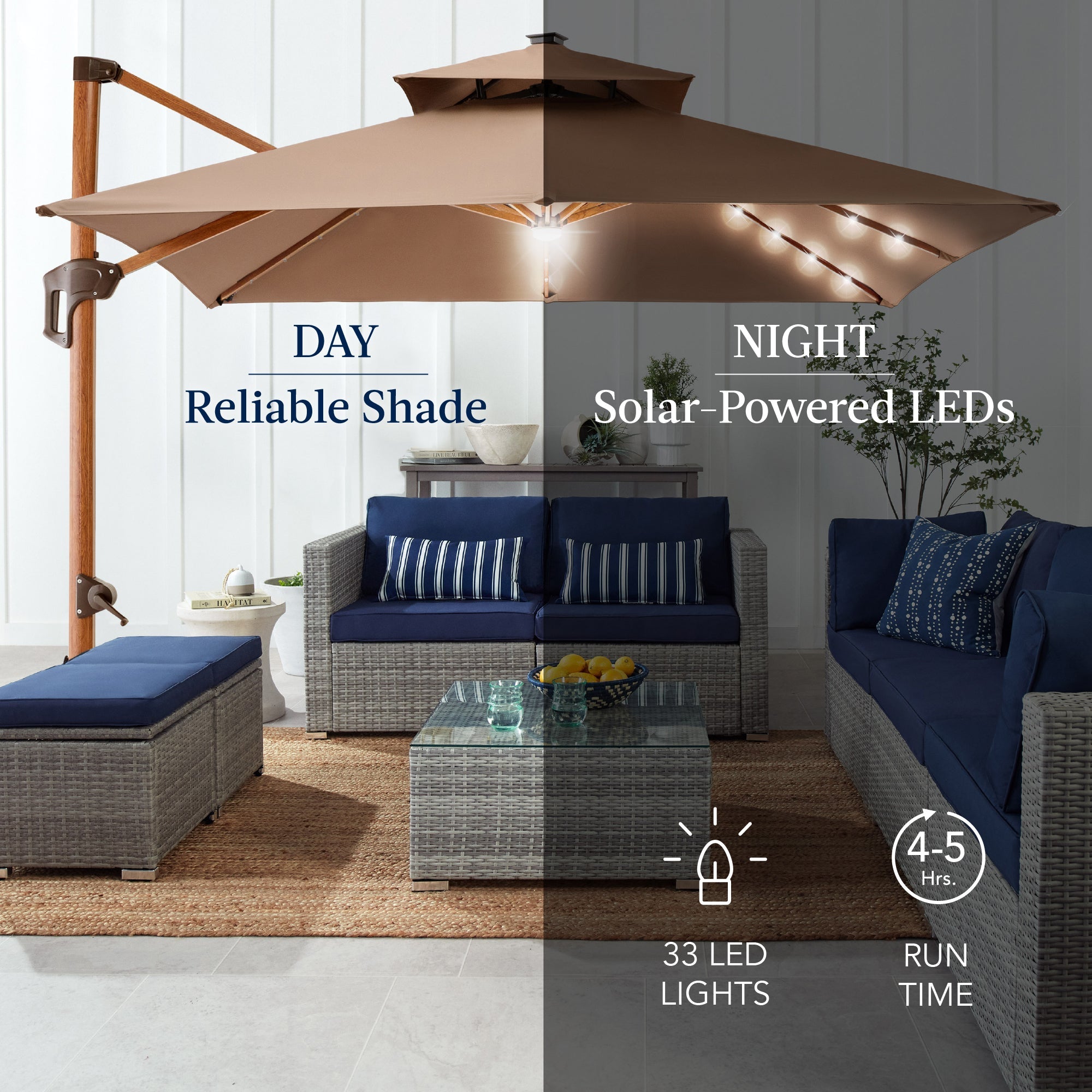 Woodgrain Pattern 2-Tier Outdoor Solar LED Cantilever Umbrella - 10x10ft