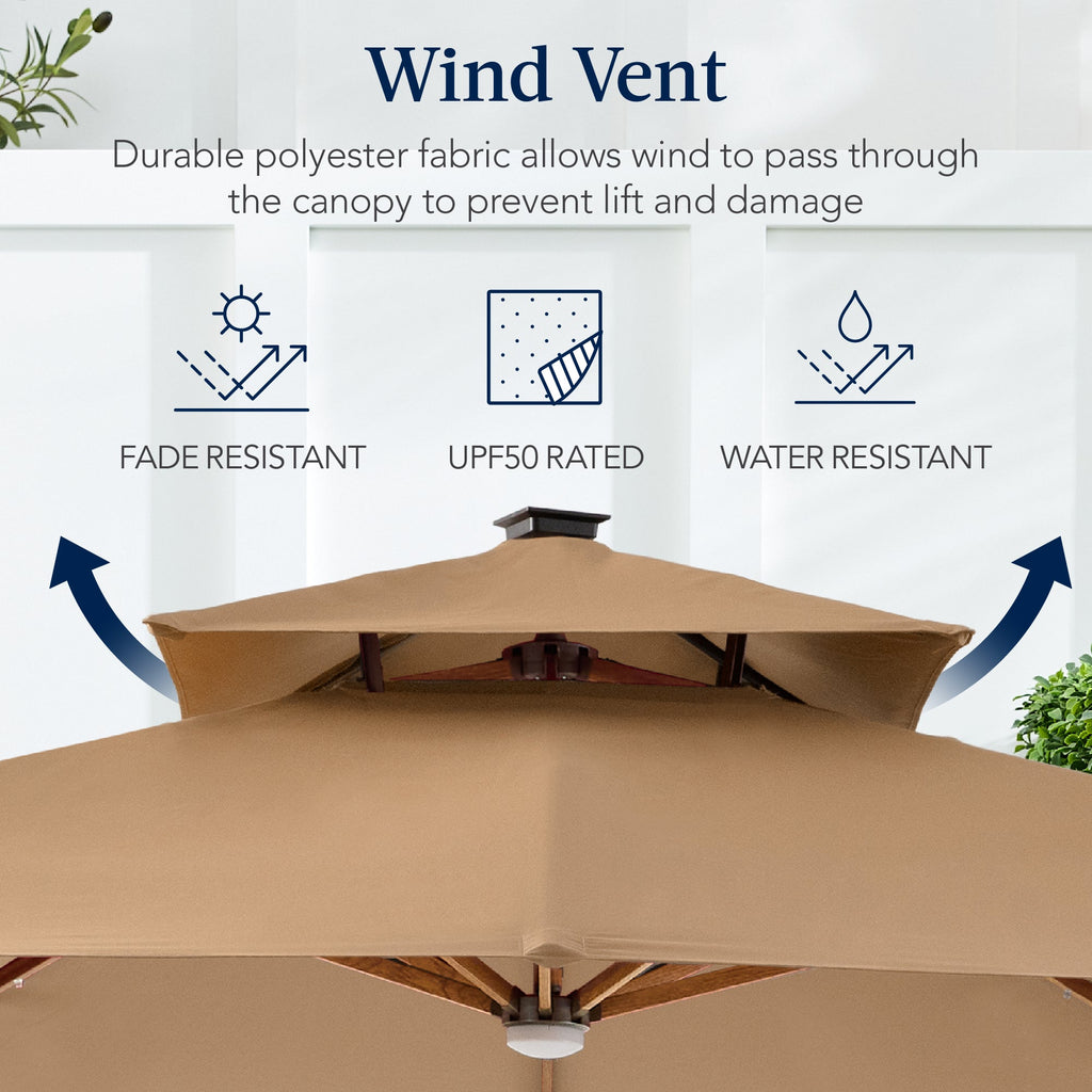 Woodgrain Pattern 2-Tier Outdoor Solar LED Cantilever Umbrella - 10x10ft