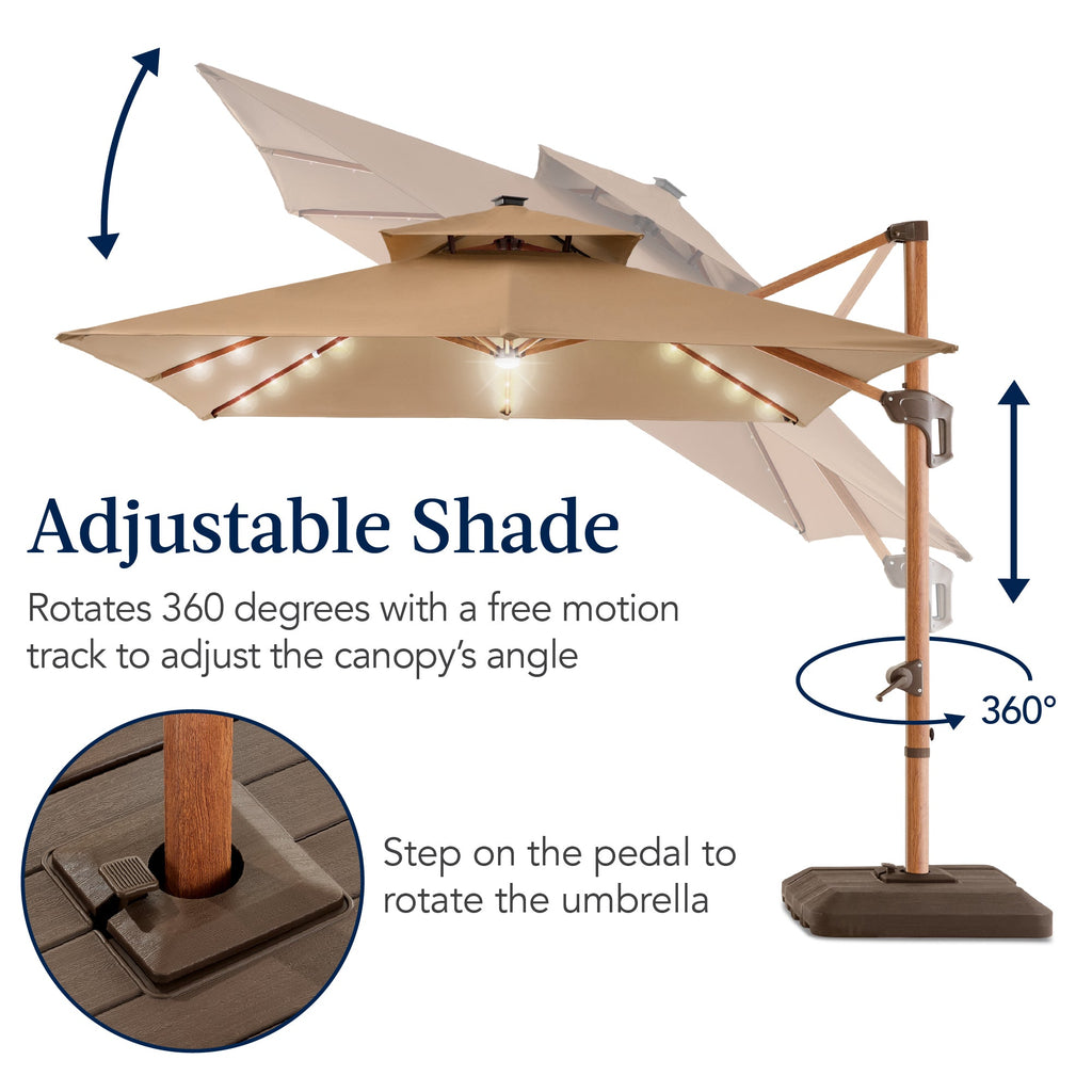 Woodgrain Pattern 2-Tier Outdoor Solar LED Cantilever Umbrella - 10x10ft