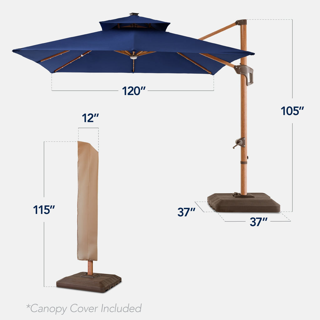 Woodgrain Pattern 2-Tier Outdoor Solar LED Cantilever Umbrella - 10x10ft