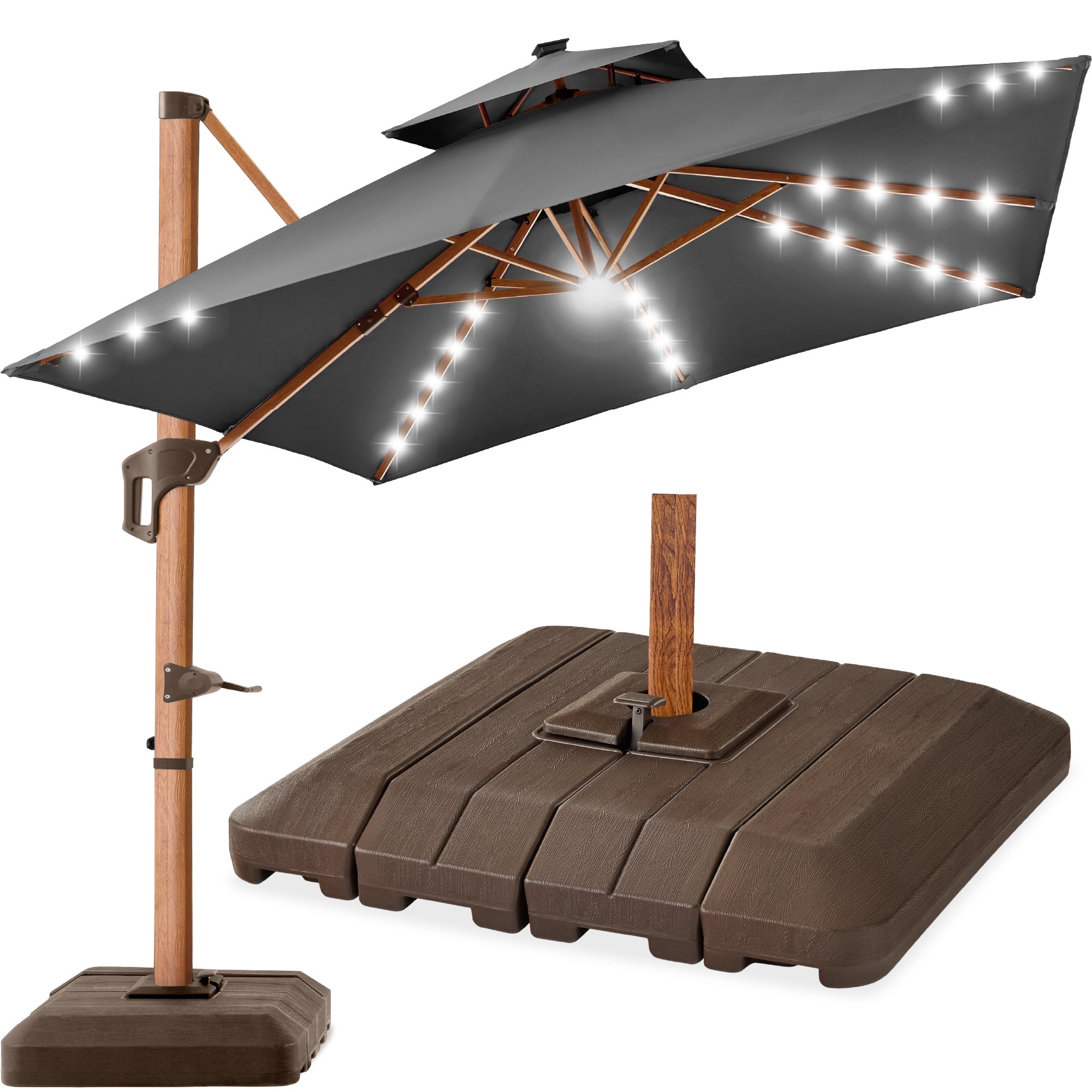 Woodgrain Pattern 2-Tier Outdoor Solar LED Cantilever Umbrella - 10x10ft