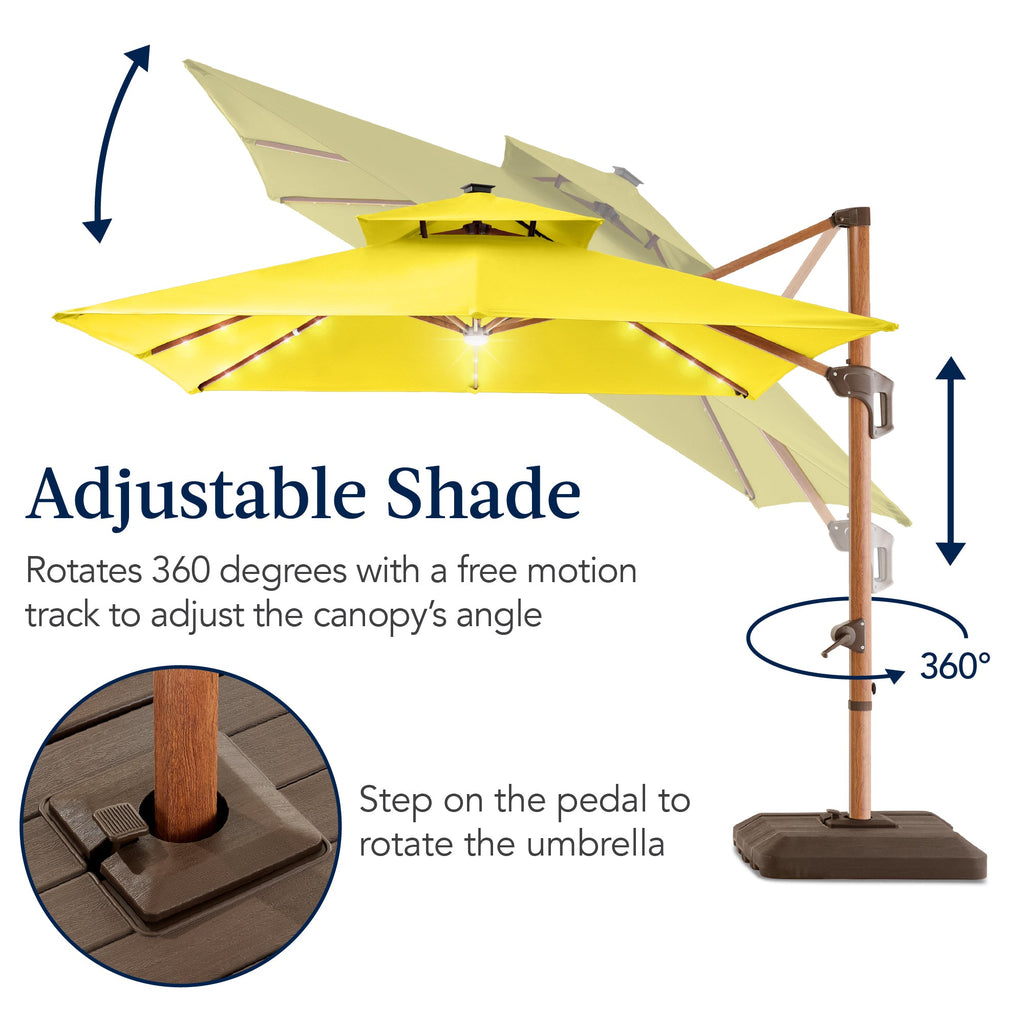 Woodgrain Pattern 2-Tier Outdoor Solar LED Cantilever Umbrella - 10x10ft