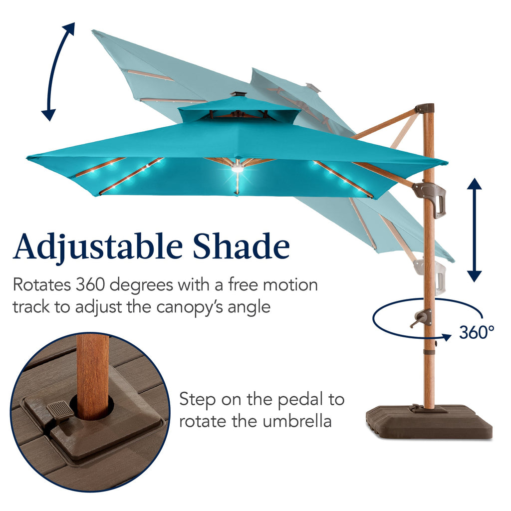 Woodgrain Pattern 2-Tier Outdoor Solar LED Cantilever Umbrella - 10x10ft