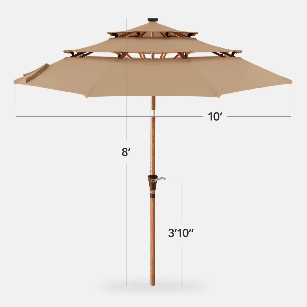 3-Tier Woodgrain Pattern Solar Patio Umbrella, Tilt Adjustment - 10ft