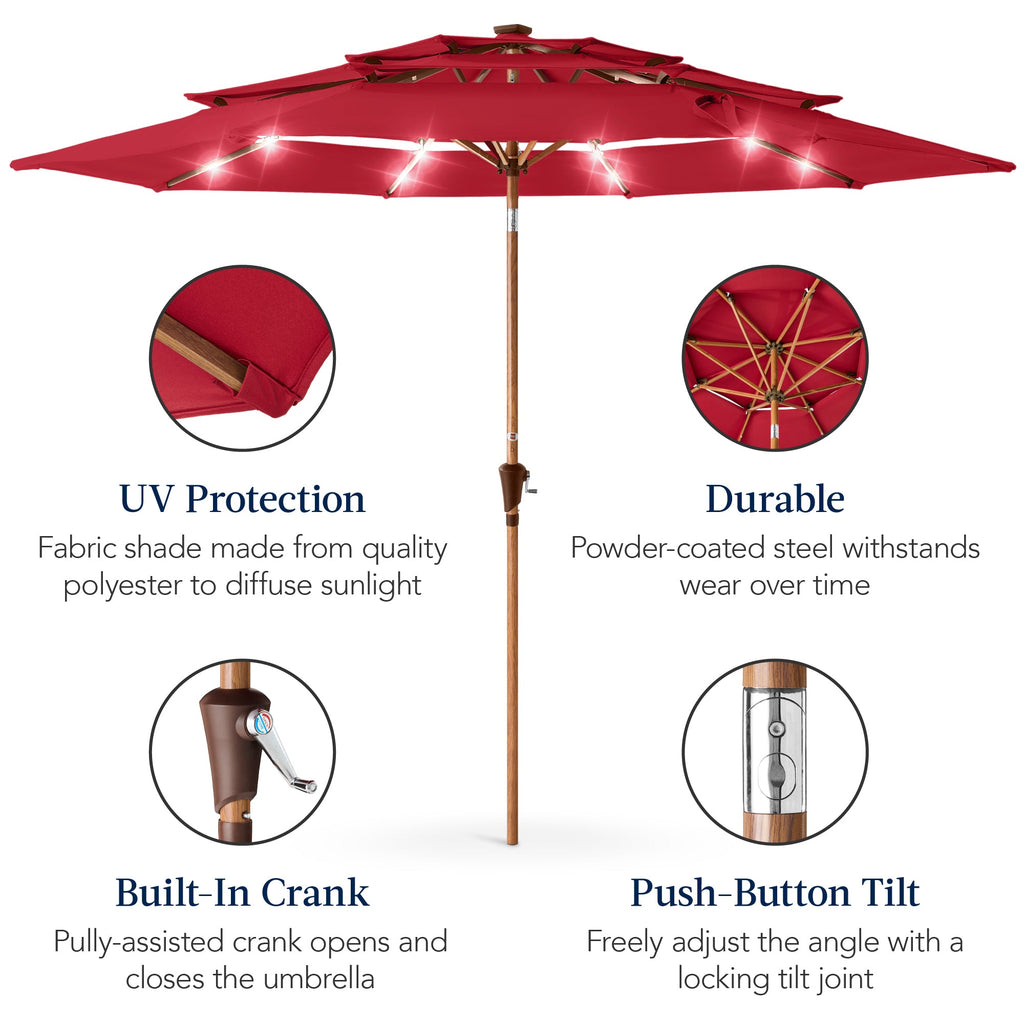 3-Tier Woodgrain Pattern Solar Patio Umbrella, Tilt Adjustment - 10ft
