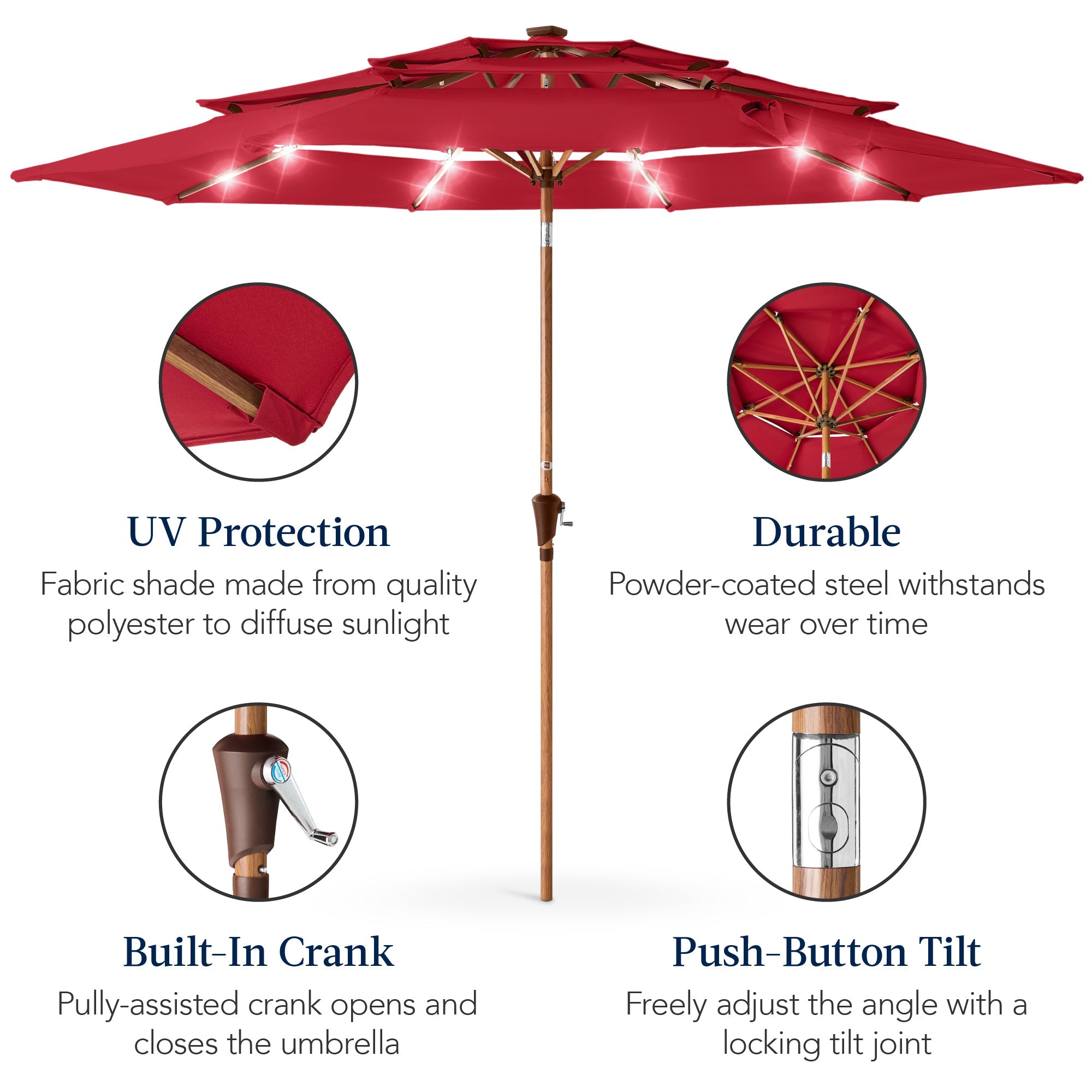 3-Tier Woodgrain Pattern Solar Patio Umbrella, Tilt Adjustment - 10ft