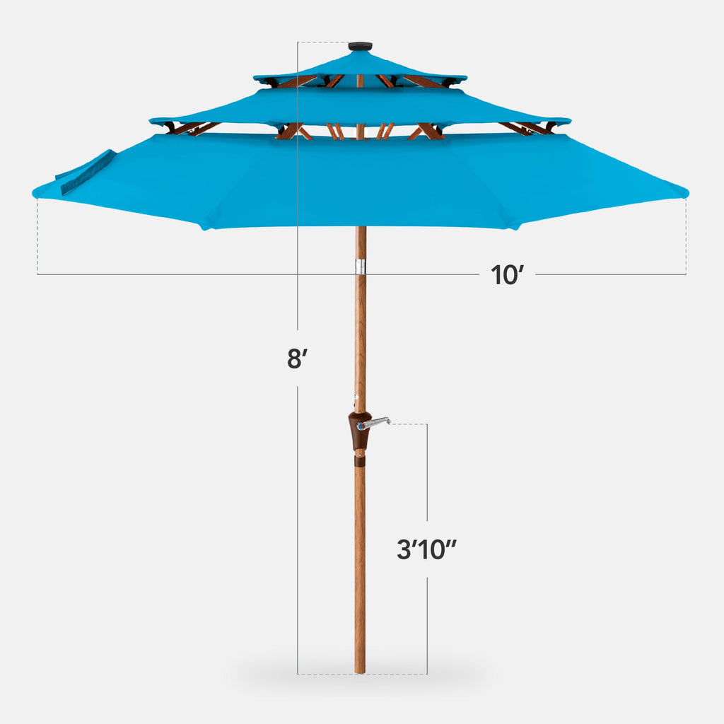 3-Tier Woodgrain Pattern Solar Patio Umbrella, Tilt Adjustment - 10ft