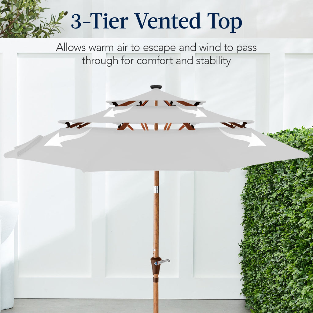 3-Tier Woodgrain Pattern Solar Patio Umbrella, Tilt Adjustment - 10ft