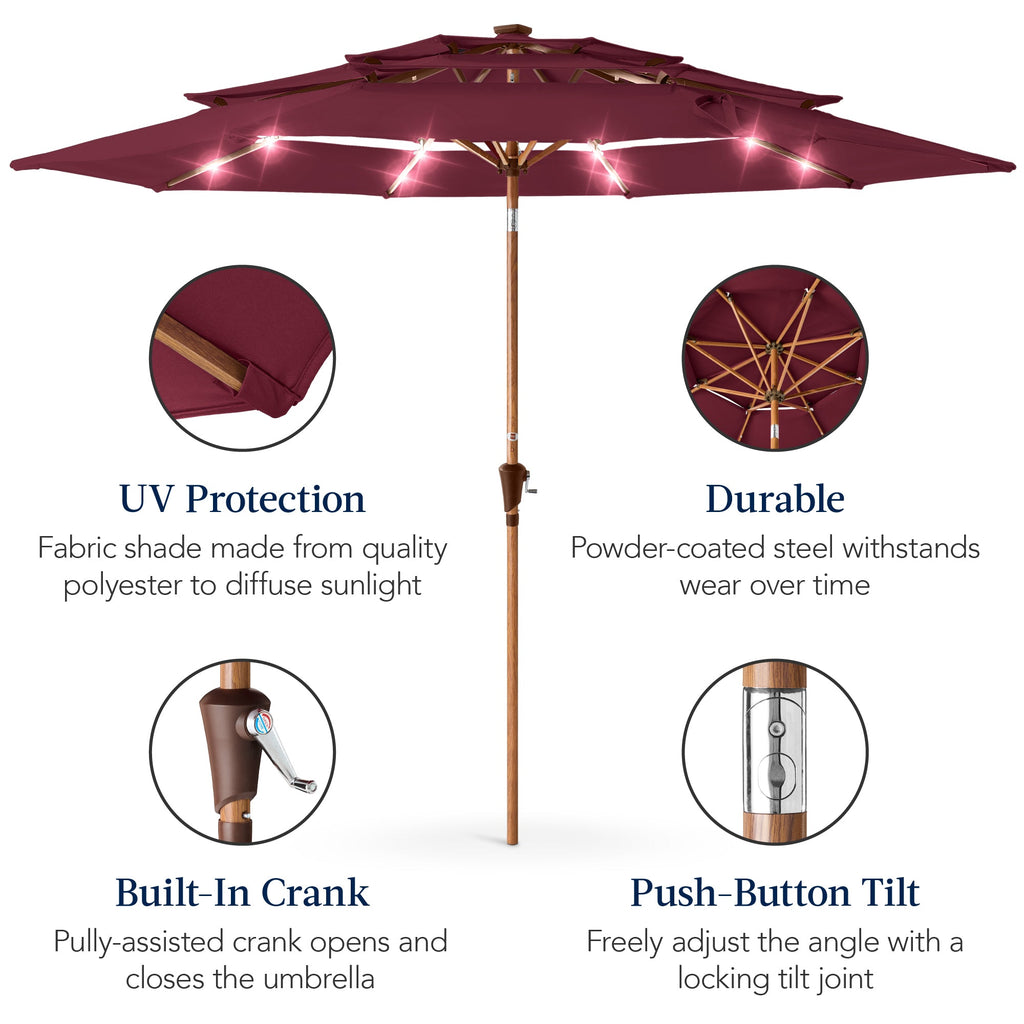 3-Tier Woodgrain Pattern Solar Patio Umbrella, Tilt Adjustment - 10ft