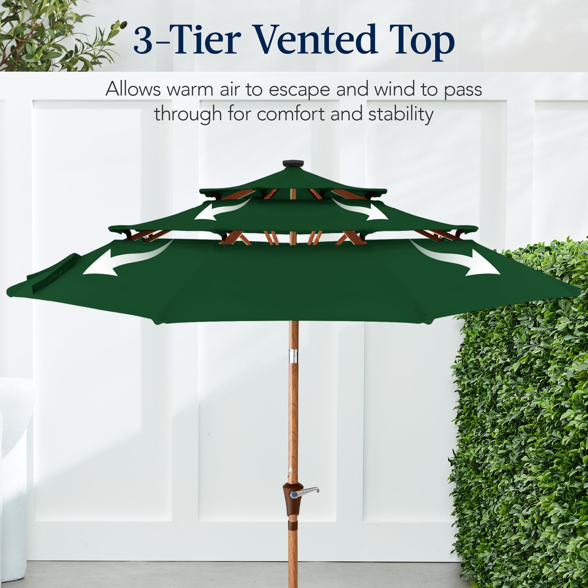 3-Tier Woodgrain Pattern Solar Patio Umbrella, Tilt Adjustment - 10ft