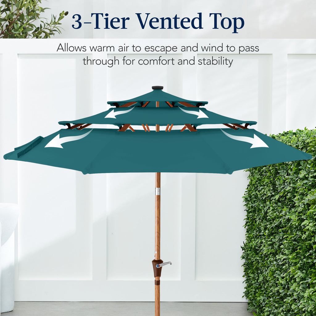 3-Tier Woodgrain Pattern Solar Patio Umbrella, Tilt Adjustment - 10ft