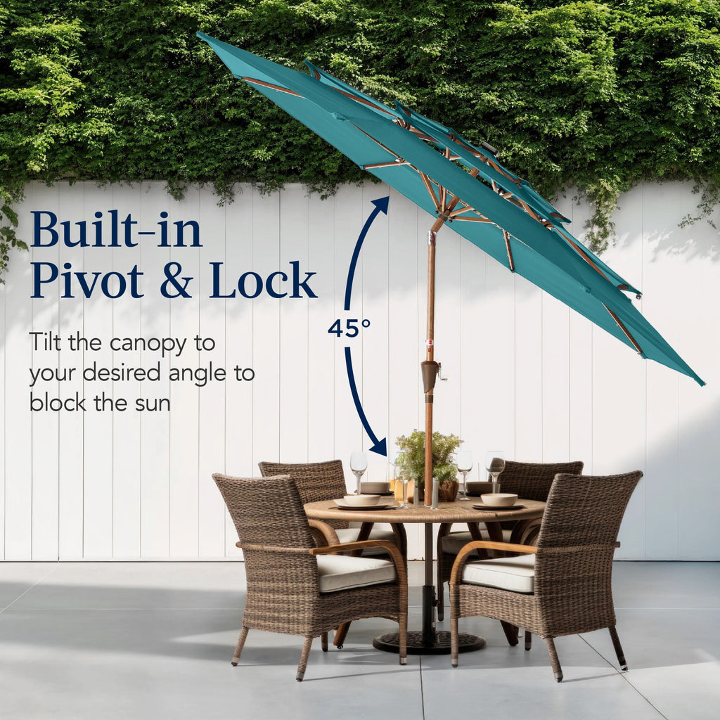 3-Tier Woodgrain Pattern Solar Patio Umbrella, Tilt Adjustment - 10ft