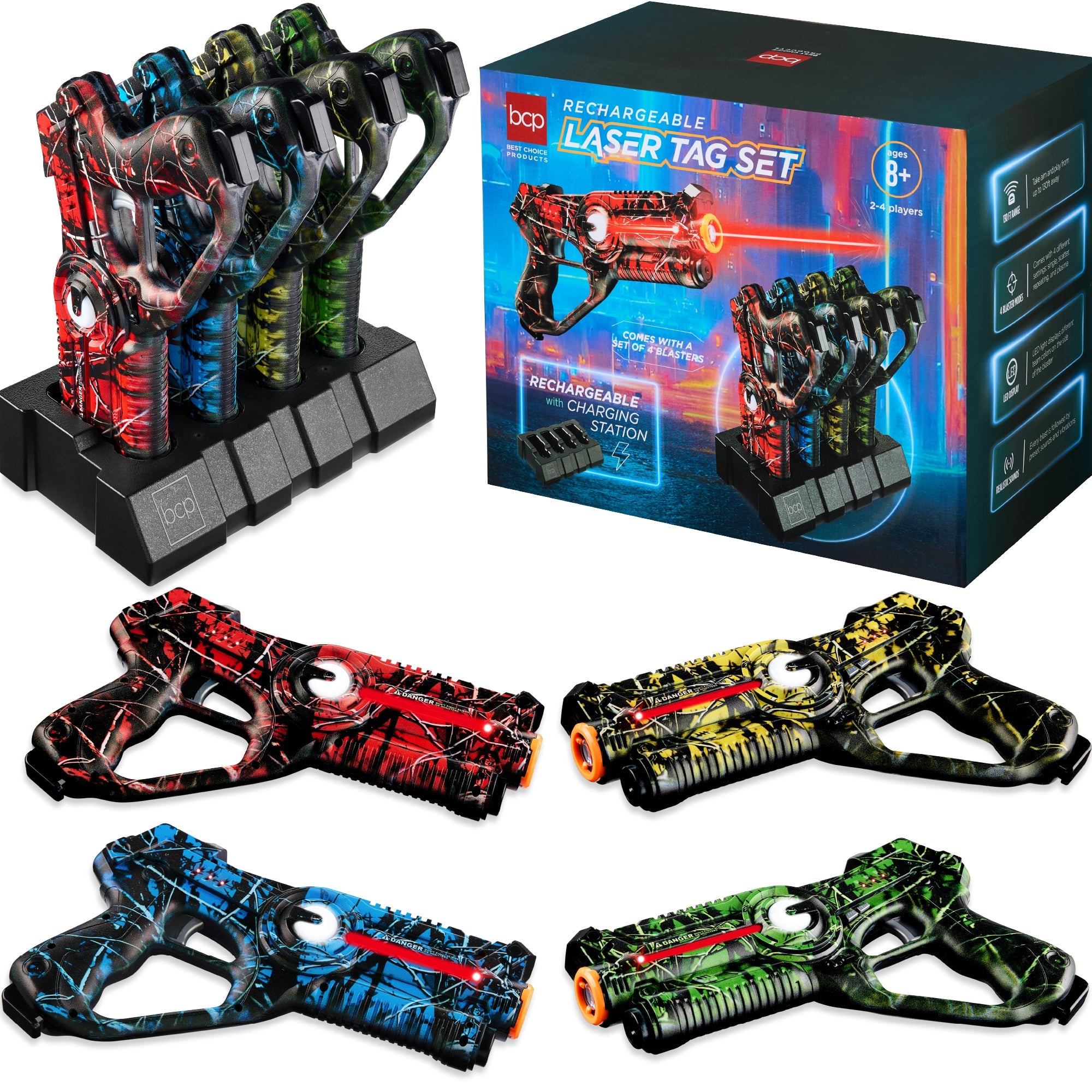 Set of 4 Rechargeable Laser Tag Blasters w/ Docking Station, No Vests Needed