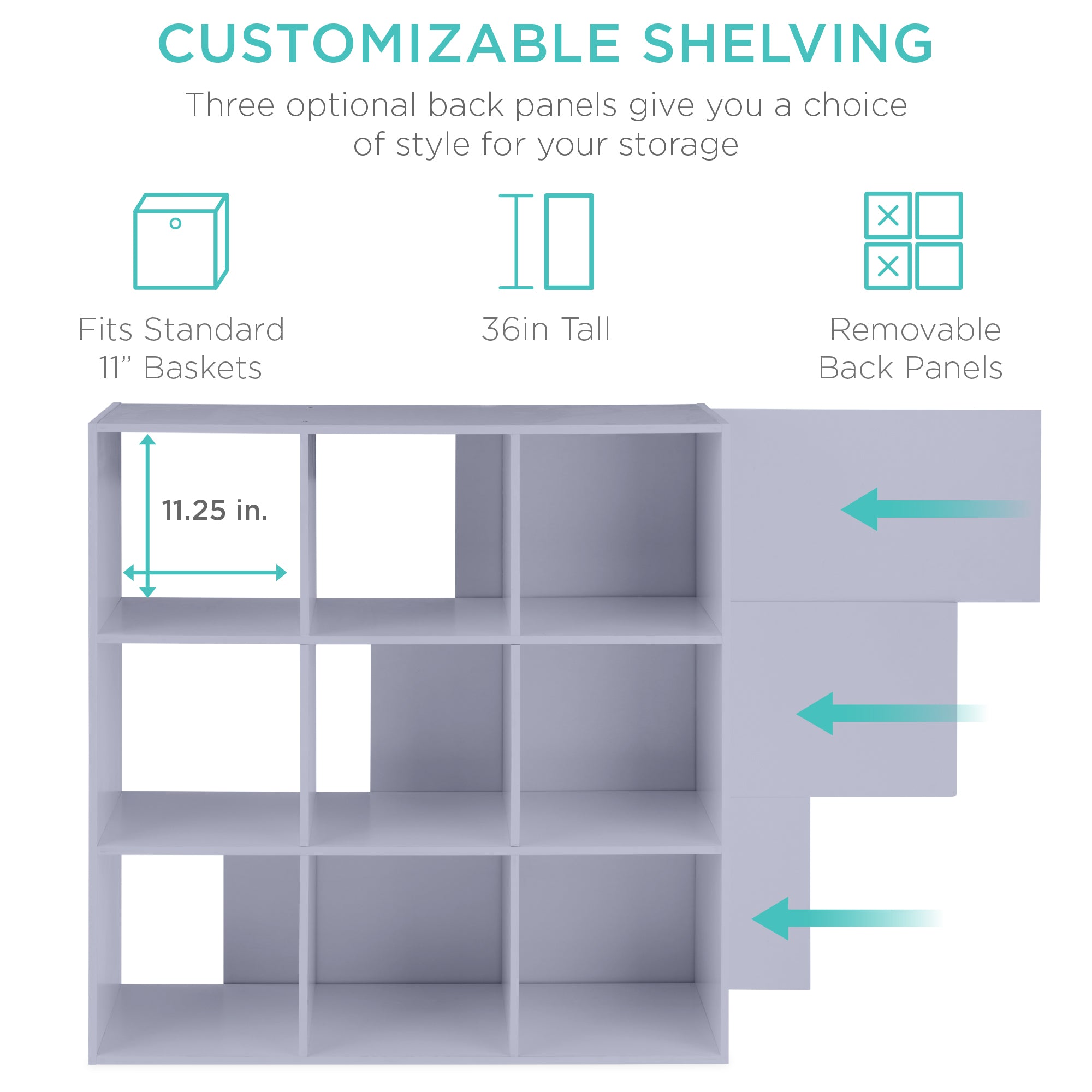 9-Cube Bookshelf Storage Display w/ 3 Removable Panels, Customizable Design