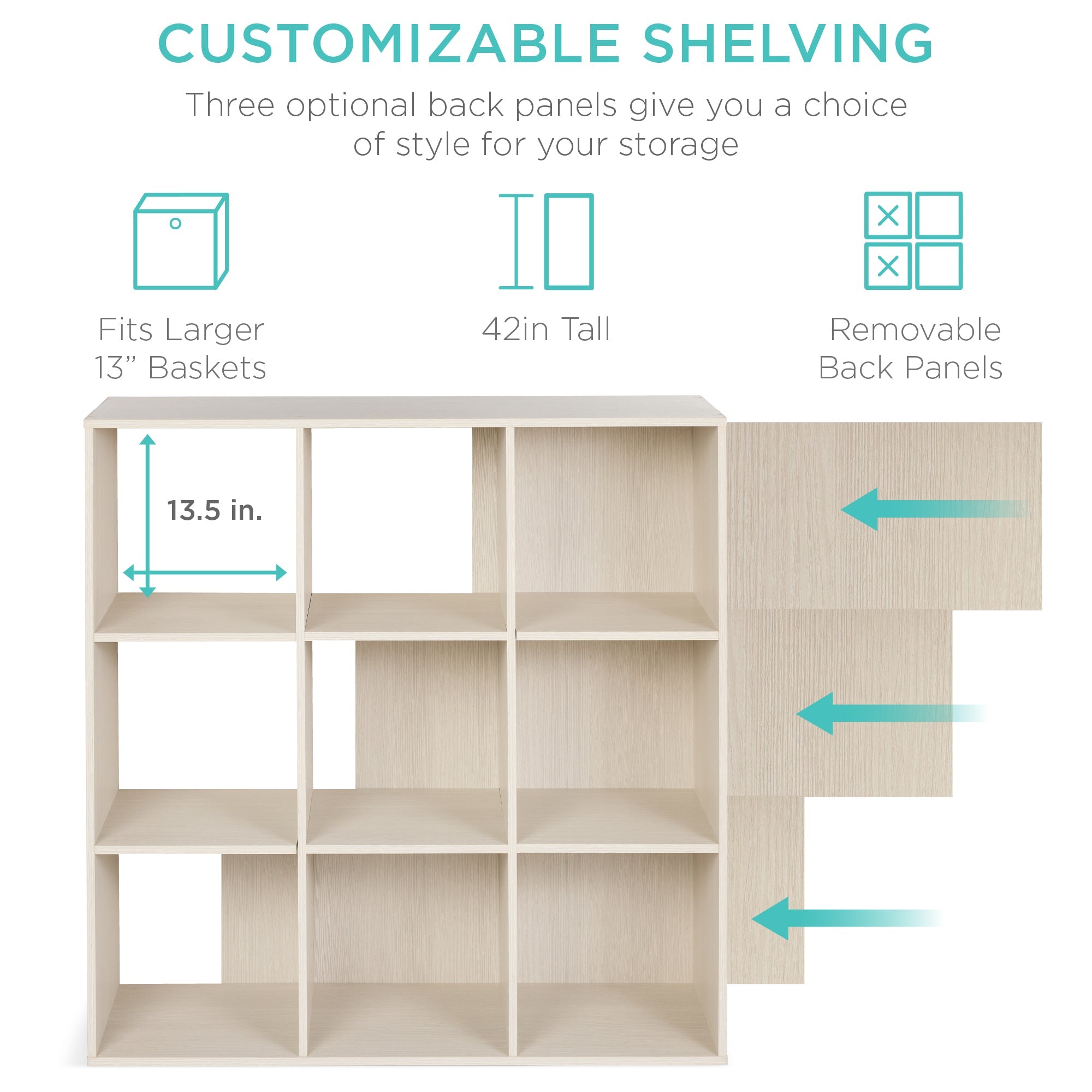 9-Cube Bookshelf, 13.5in Storage Display w/ Removable Panels, Customizable