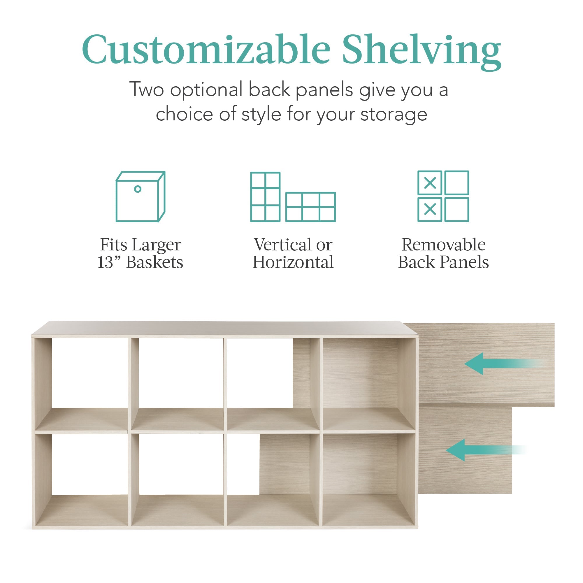 8-Cube Bookshelf, 13.5in Storage Display w/ Removable Panels, Customizable