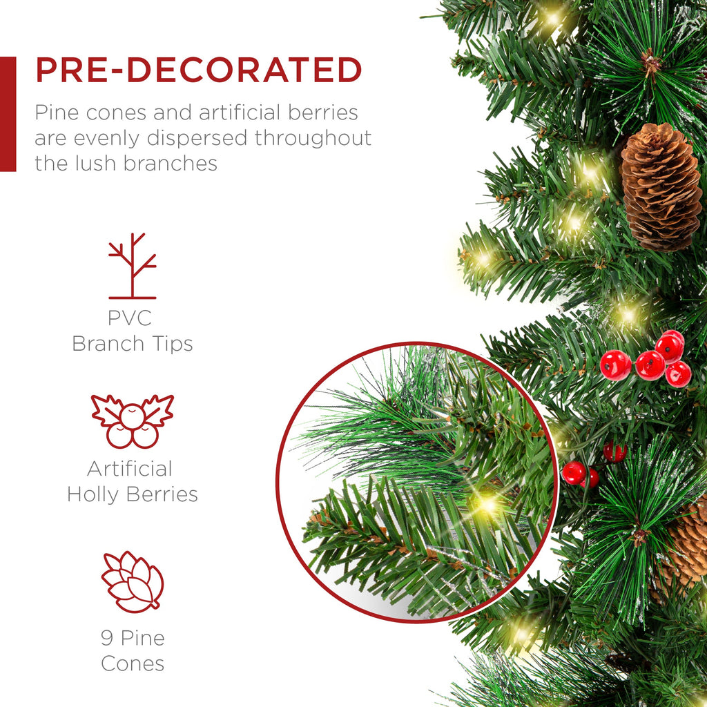 9ft Pre-Lit Christmas Garland w/ 50 Lights, Pine Cones, Berries
