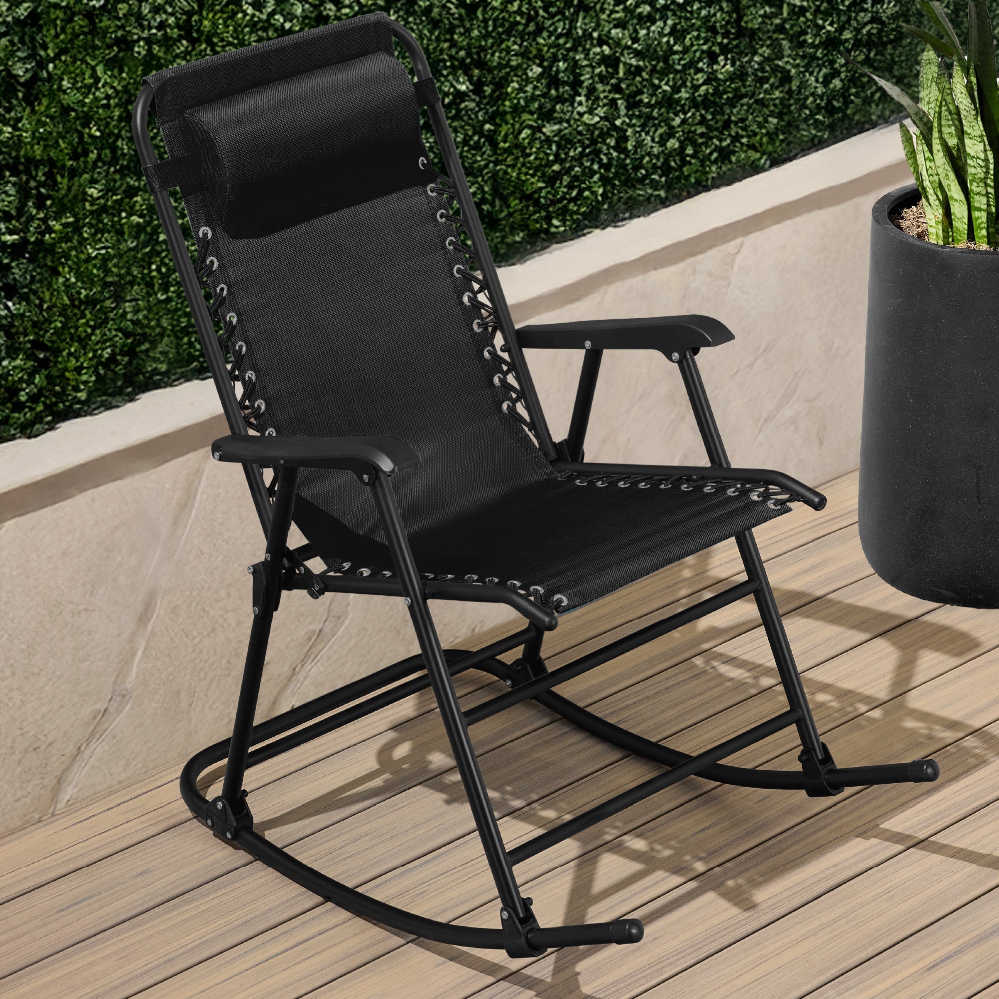 Folding Outdoor Zero Gravity Rocking Lounge Chair w/ Headrest Pillow