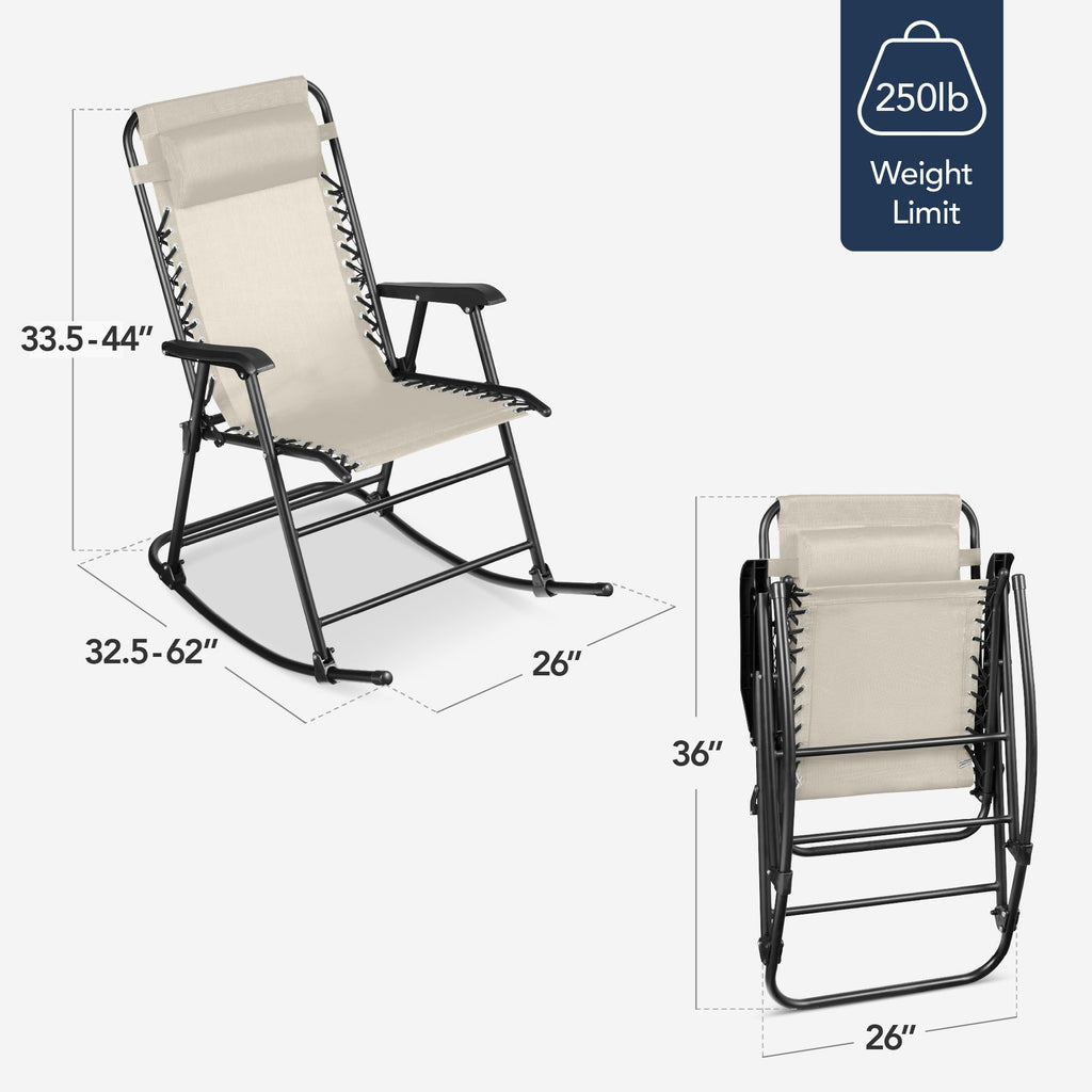 Folding Outdoor Zero Gravity Rocking Lounge Chair w/ Headrest Pillow
