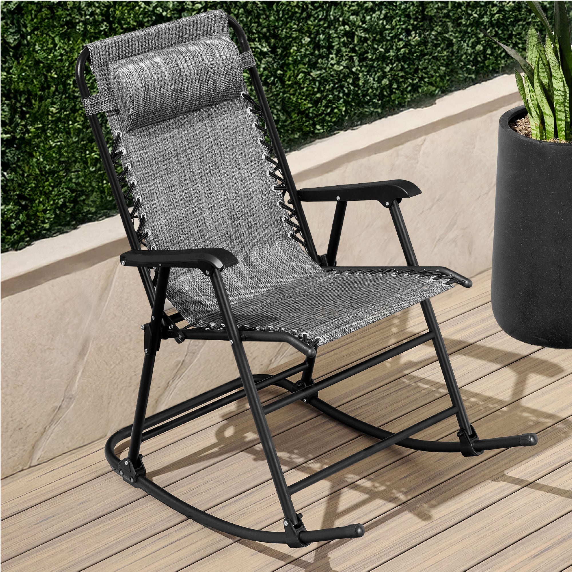 Folding Outdoor Zero Gravity Rocking Lounge Chair w/ Headrest Pillow