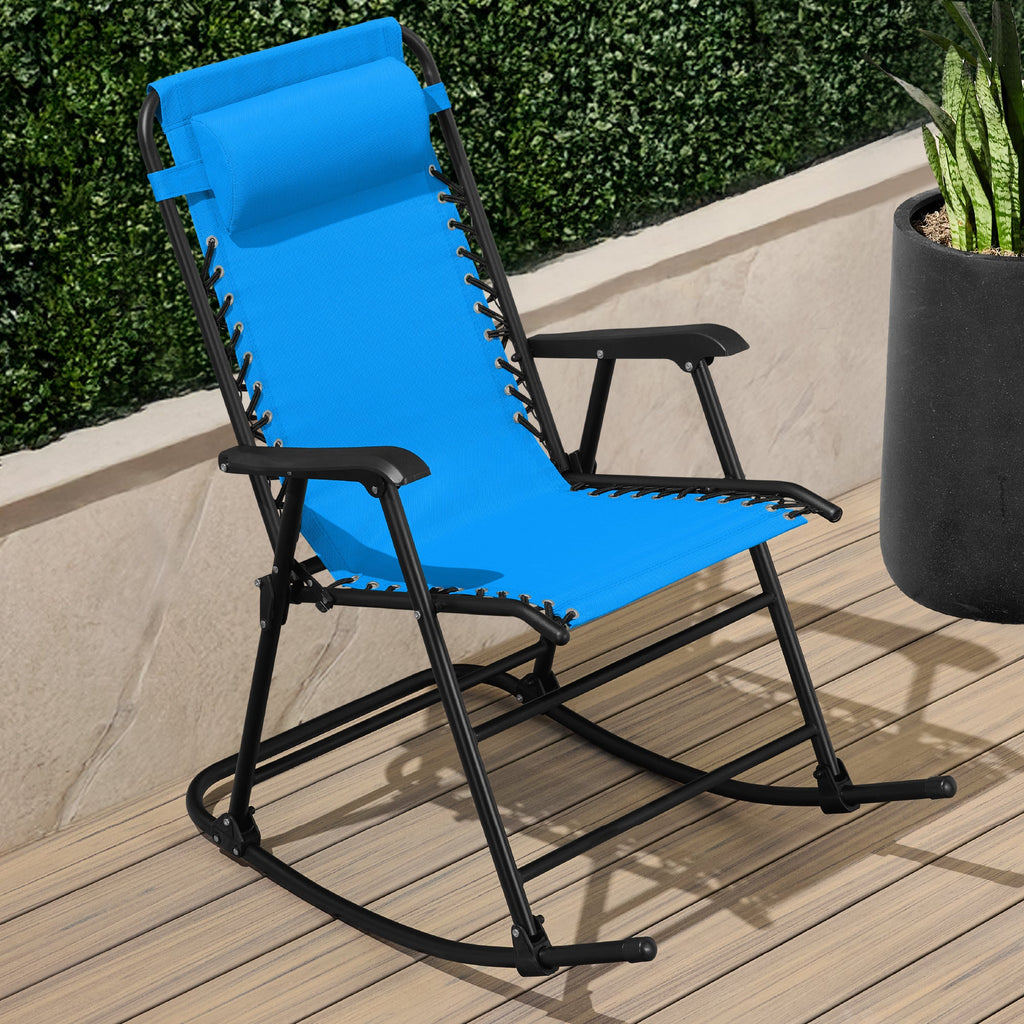 Folding Outdoor Zero Gravity Rocking Lounge Chair w/ Headrest Pillow