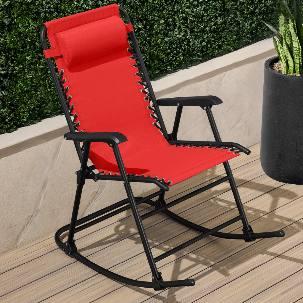 Folding Outdoor Zero Gravity Rocking Lounge Chair w/ Headrest Pillow