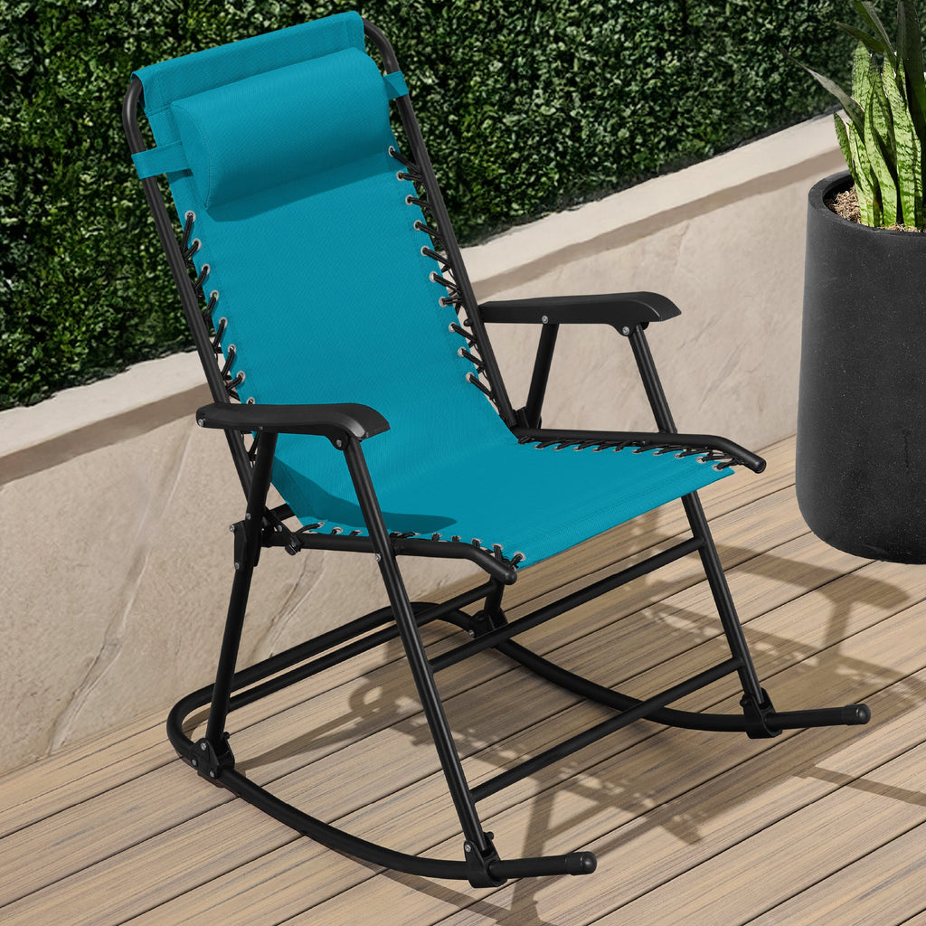 Folding Outdoor Zero Gravity Rocking Lounge Chair w/ Headrest Pillow
