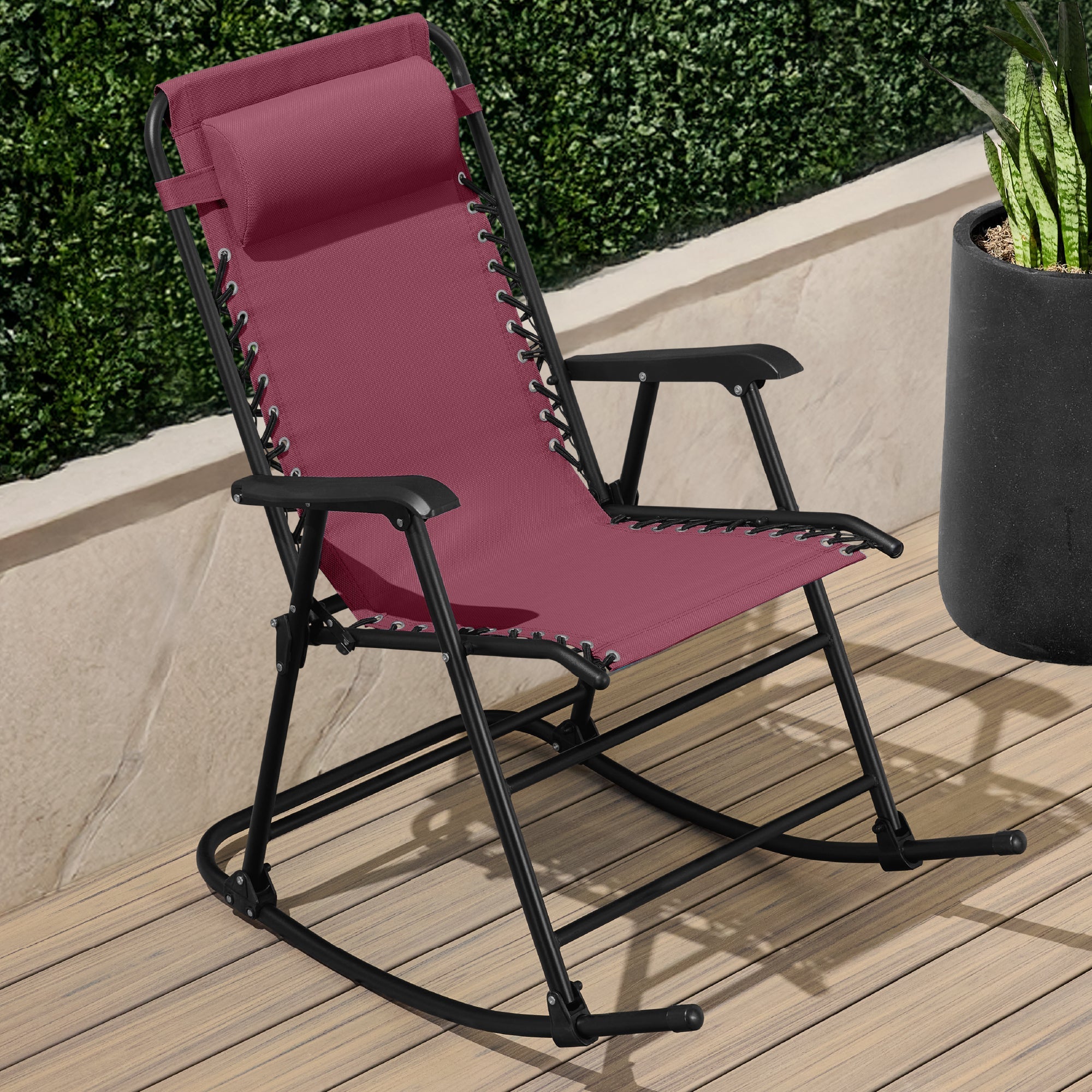 Folding Outdoor Zero Gravity Rocking Lounge Chair w/ Headrest Pillow