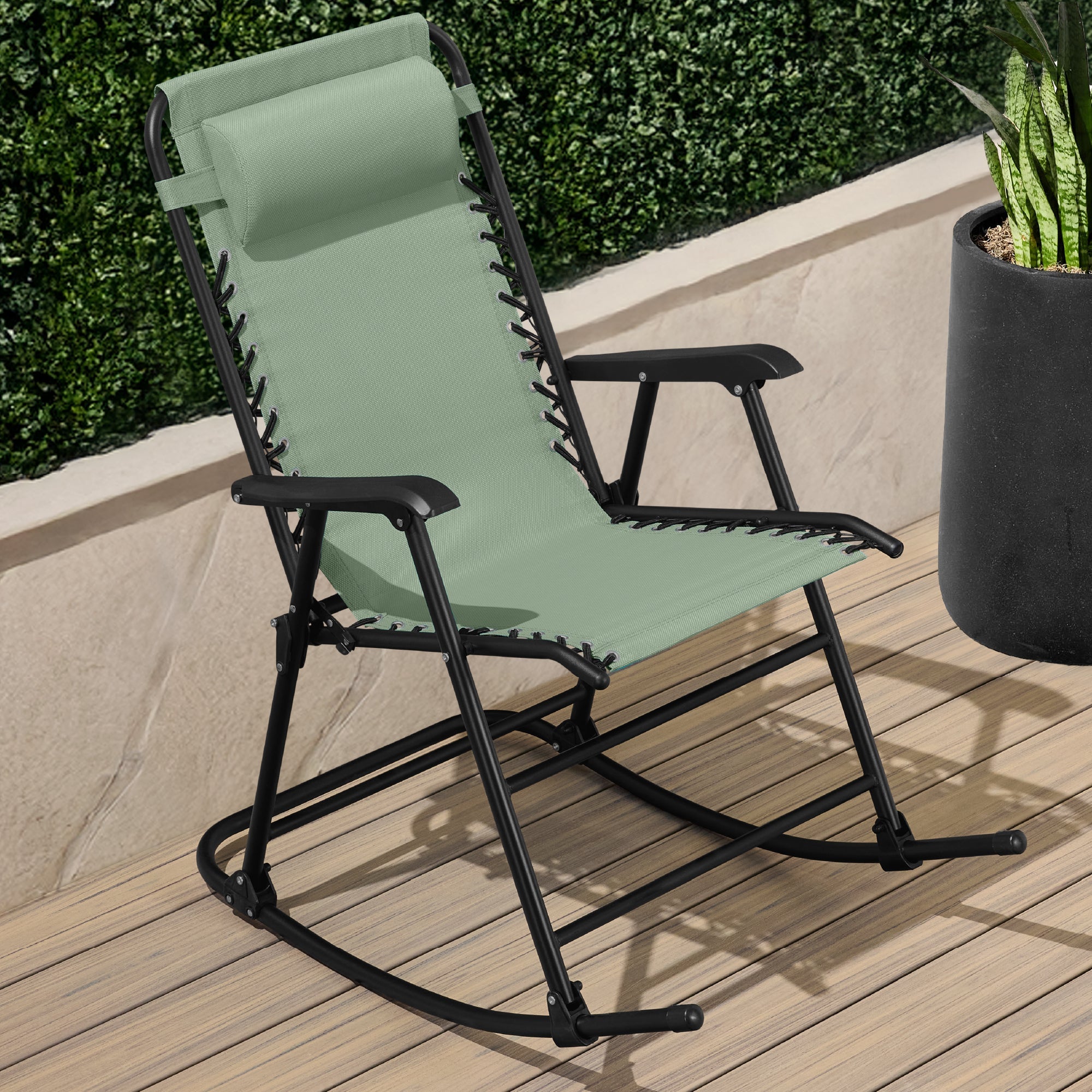 Folding Outdoor Zero Gravity Rocking Lounge Chair w/ Headrest Pillow