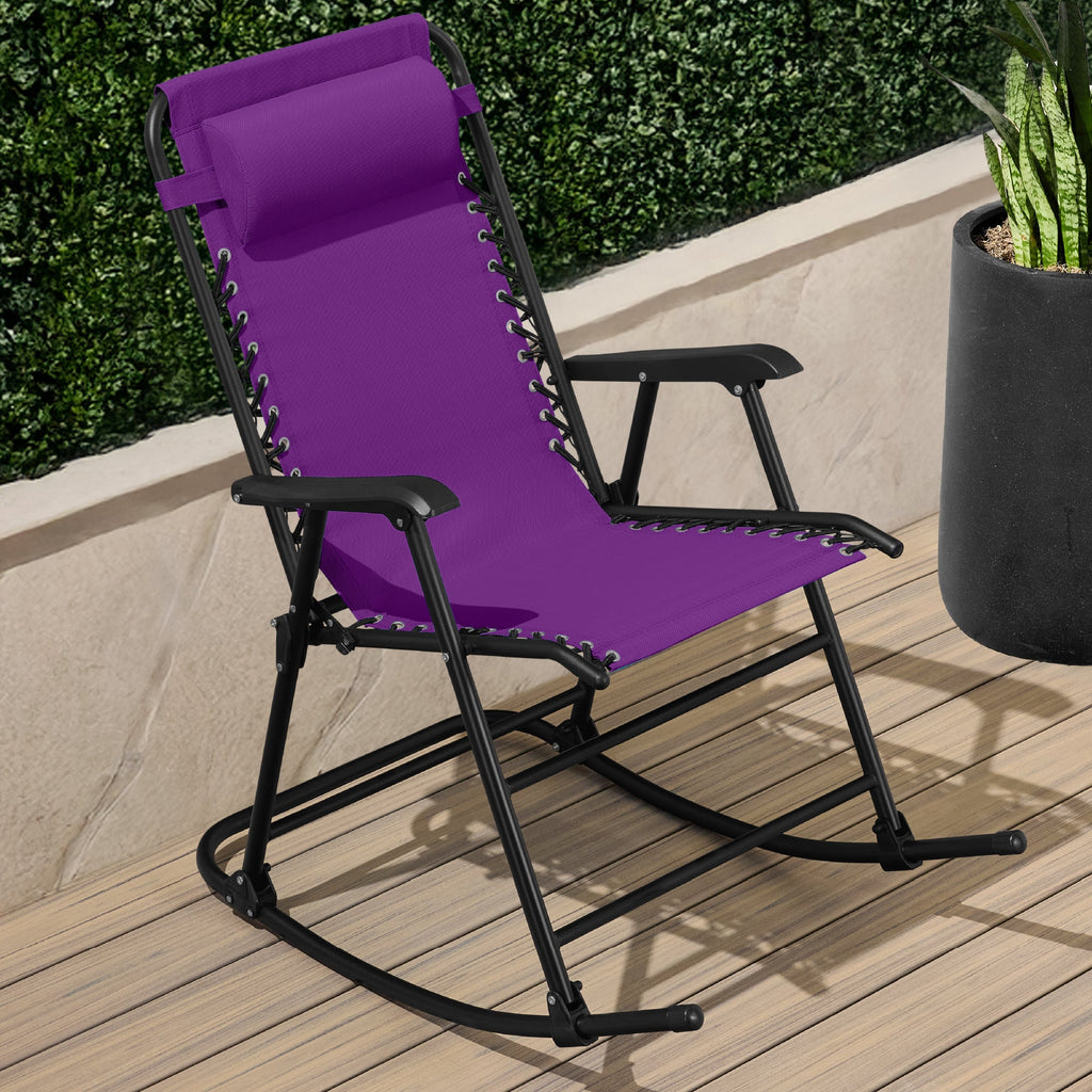 Folding Outdoor Zero Gravity Rocking Lounge Chair w/ Headrest Pillow