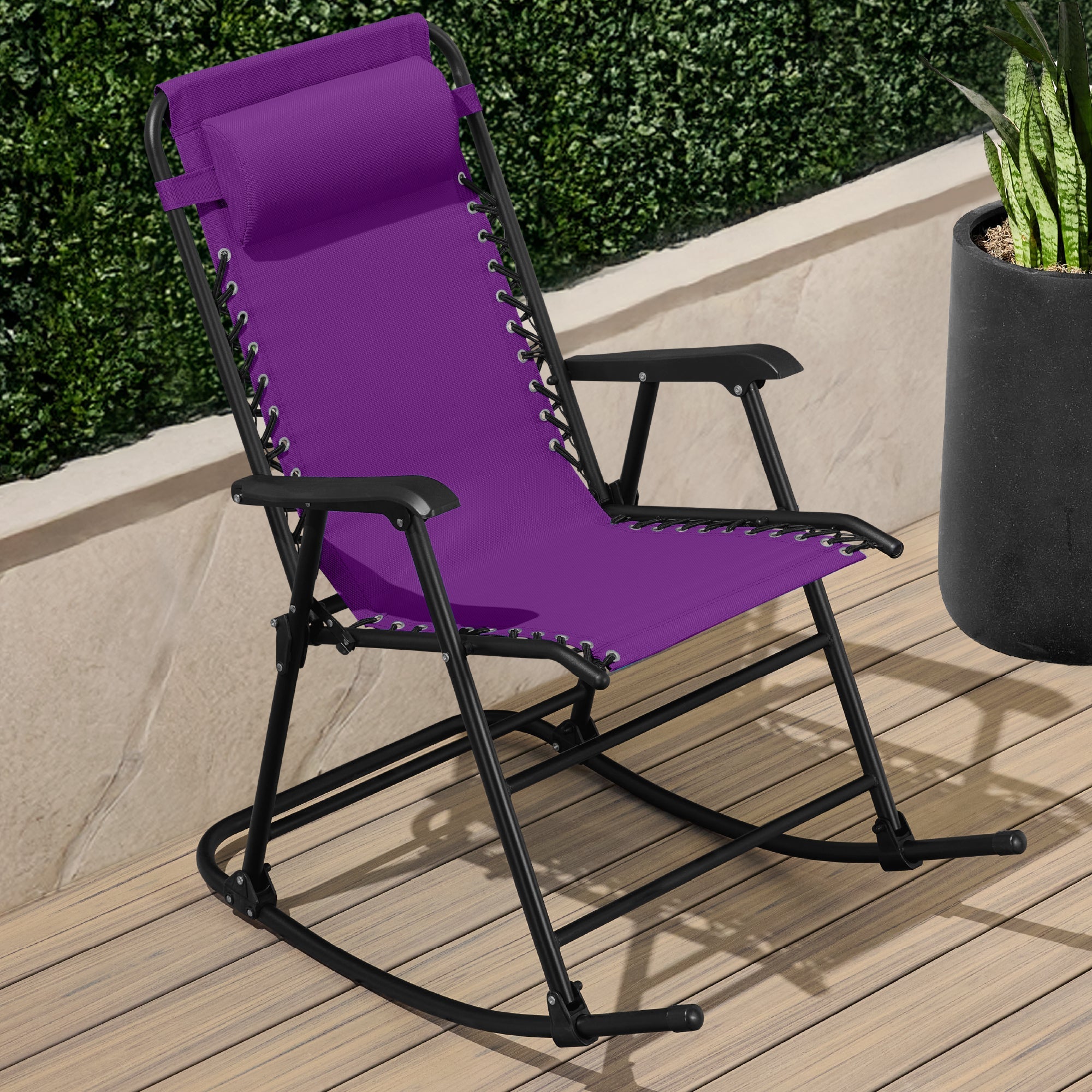 Folding Outdoor Zero Gravity Rocking Lounge Chair w/ Headrest Pillow