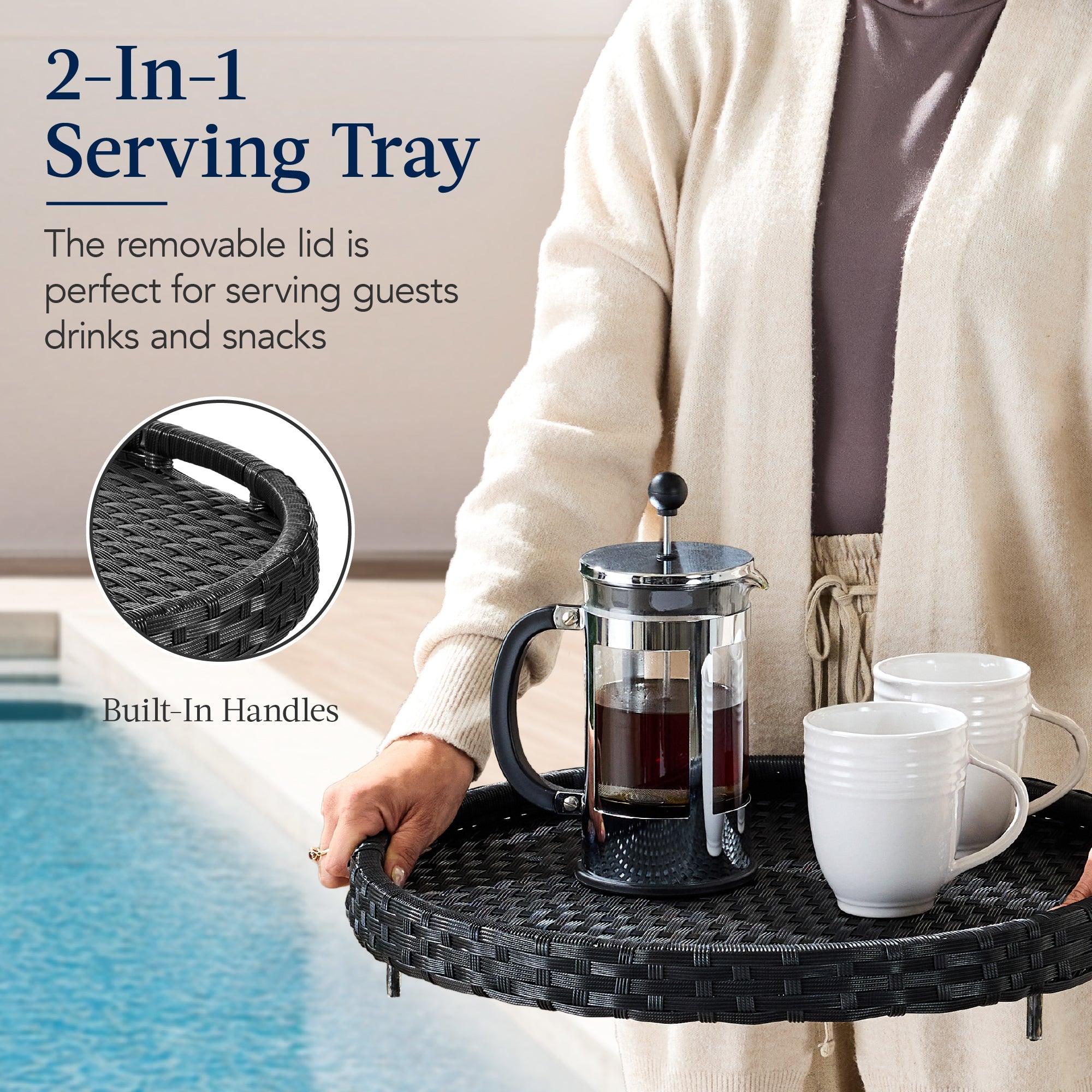 Round Wicker Ottoman, Multipurpose Furniture w/ Removable Cushion