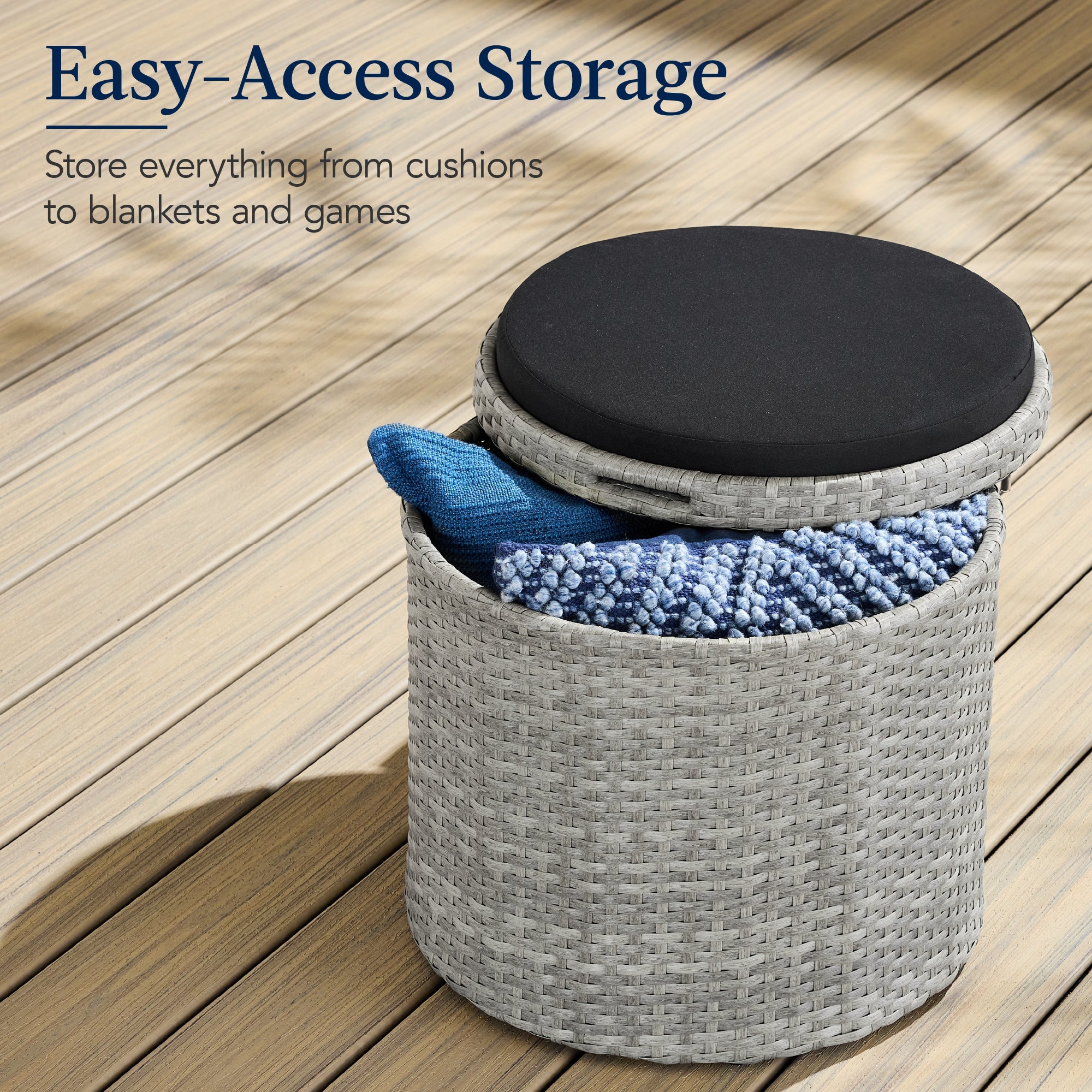 Round Wicker Ottoman, Multipurpose Furniture w/ Removable Cushion