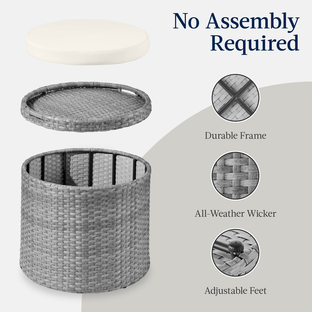 Round Wicker Ottoman, Multipurpose Furniture w/ Removable Cushion