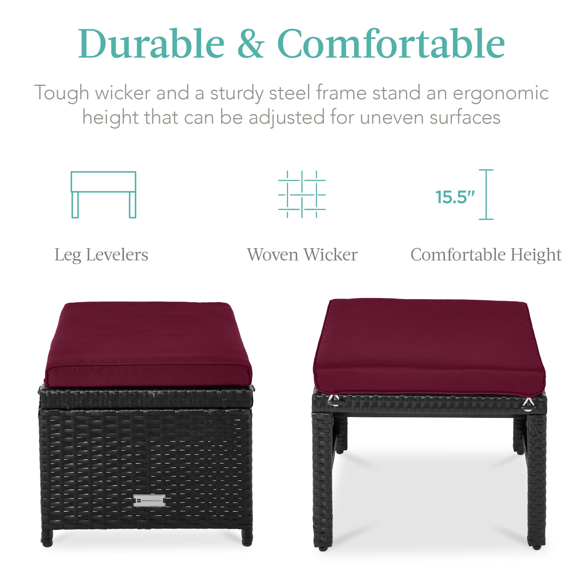 Set of 2 Multipurpose Wicker Ottomans w/ Removable Cushions, Steel Frame