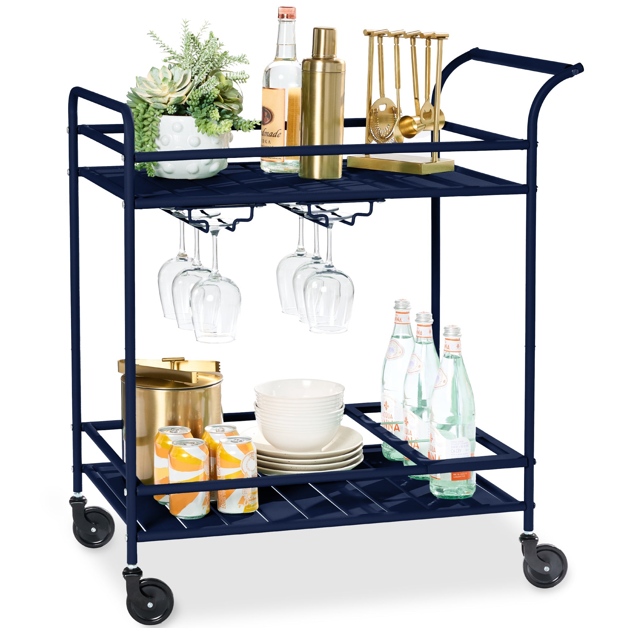 2-Tier Rolling Bar Cart Indoor/Outdoor w/ Shelves, Wine Rack, Locking Wheels