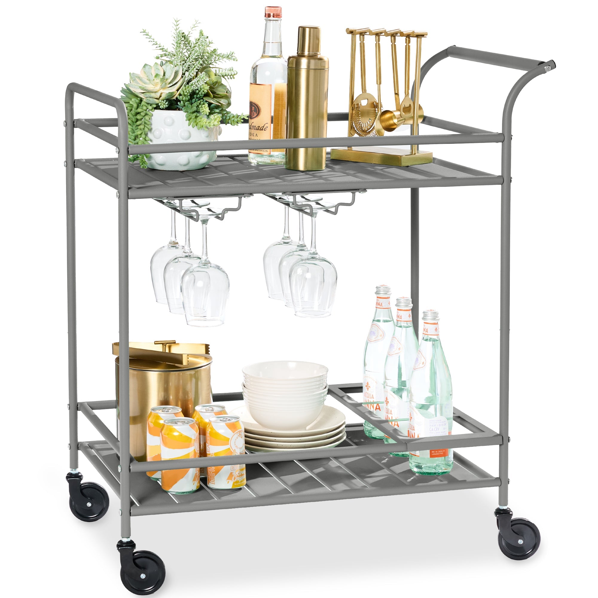2-Tier Rolling Bar Cart Indoor/Outdoor w/ Shelves, Wine Rack, Locking Wheels