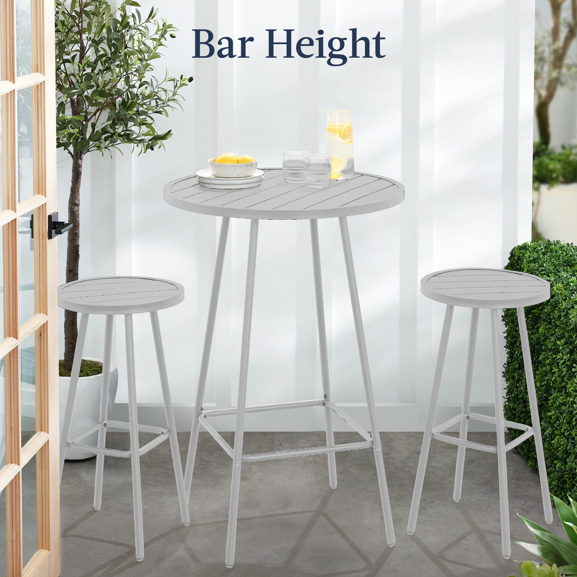 3-Piece Patio Bar Height Bistro Set w/ Backless Stools, Slatted Design